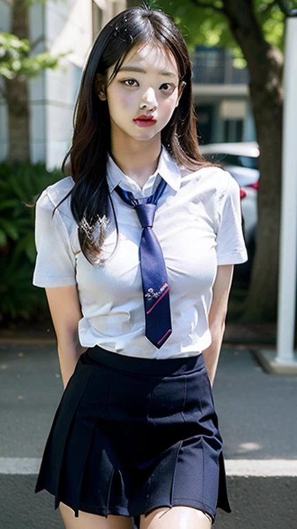 Thai, white collared shirt, necktie, pleated skirt, dark blue micromini skirt, loafers, Thighs look good,big breasts,squatting down