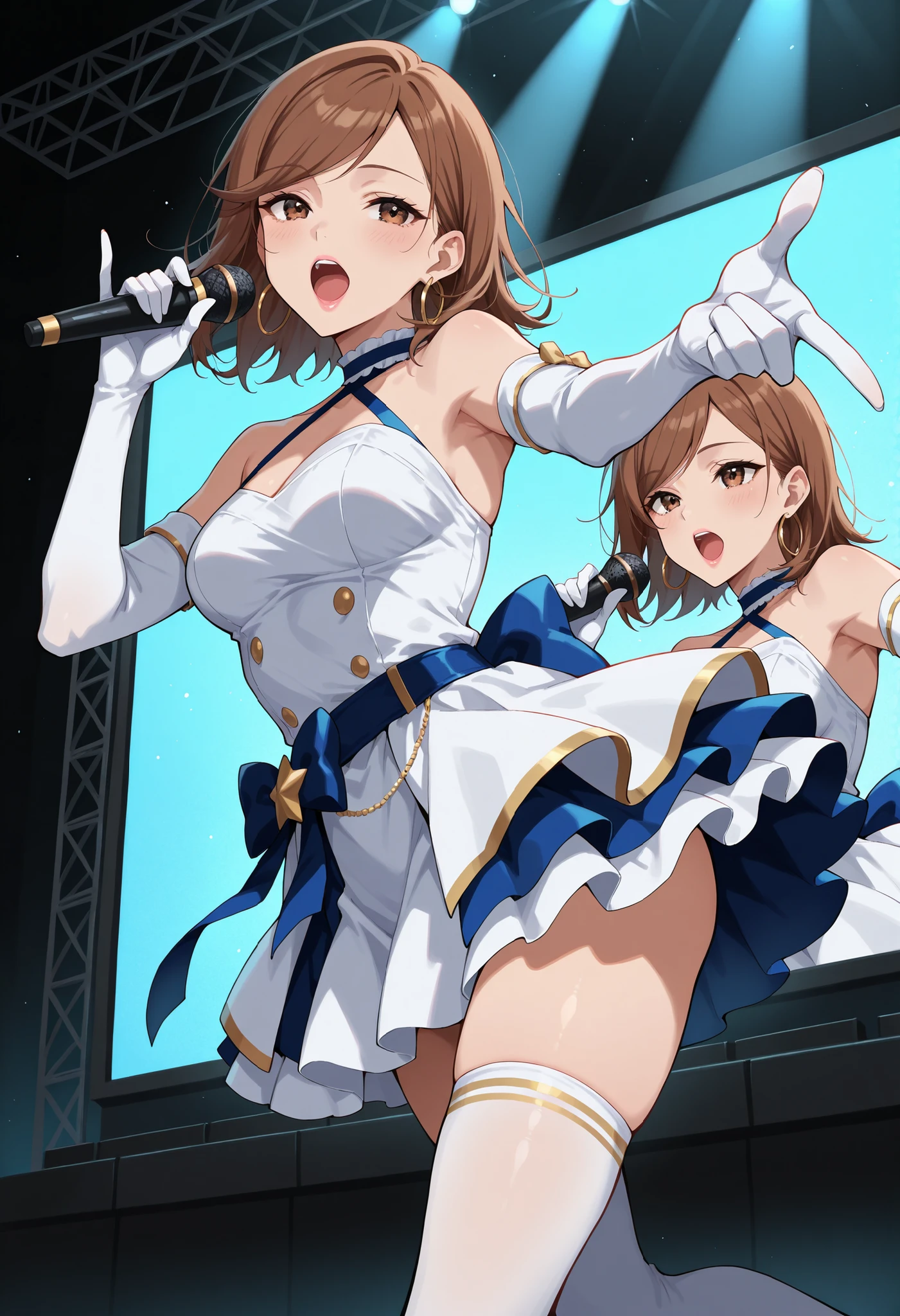 Score_9, score_8_up, score_7_up, source_anime, KJOdaia, solo, brown hair, brown eyes, medium hair, swept bangs, hoop earrings, (best quality), (high quality), {masterpiece}, extremely delicate and beautiful, ultra-detailed, beautiful detailed eyes, idol, idol costume, blue and white dress, white elbow gloves, white thighhighs, holding microphone, on stage, screen, multi colored light, dynamic pose, singing, pink lips, open mouth