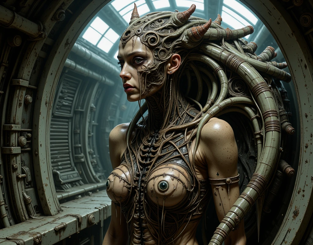 (portrait art by Carne Griffiths:0.8) and Studio Ghibli, alien xenomorph, Hazy conditions, FOV 90 degrees, Lomography