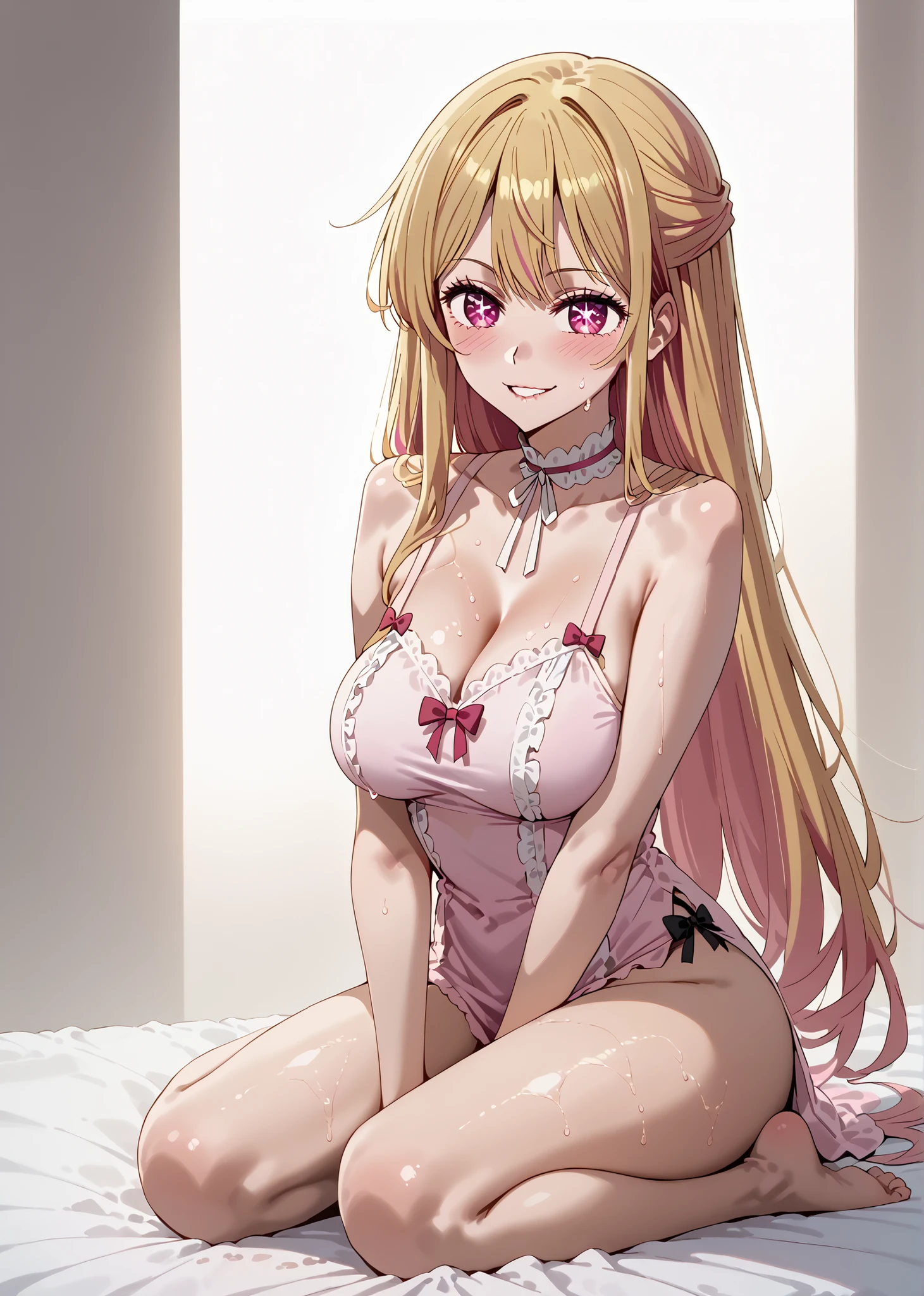 masutepiece, 1womanl, (((Solo))), of the highest quality, Hi-Res, 4K, cleavage, ((White sheer dress)), medium breasts, Red Eyes, a blond ,   earrings, ssmile,　luxury hotel,
