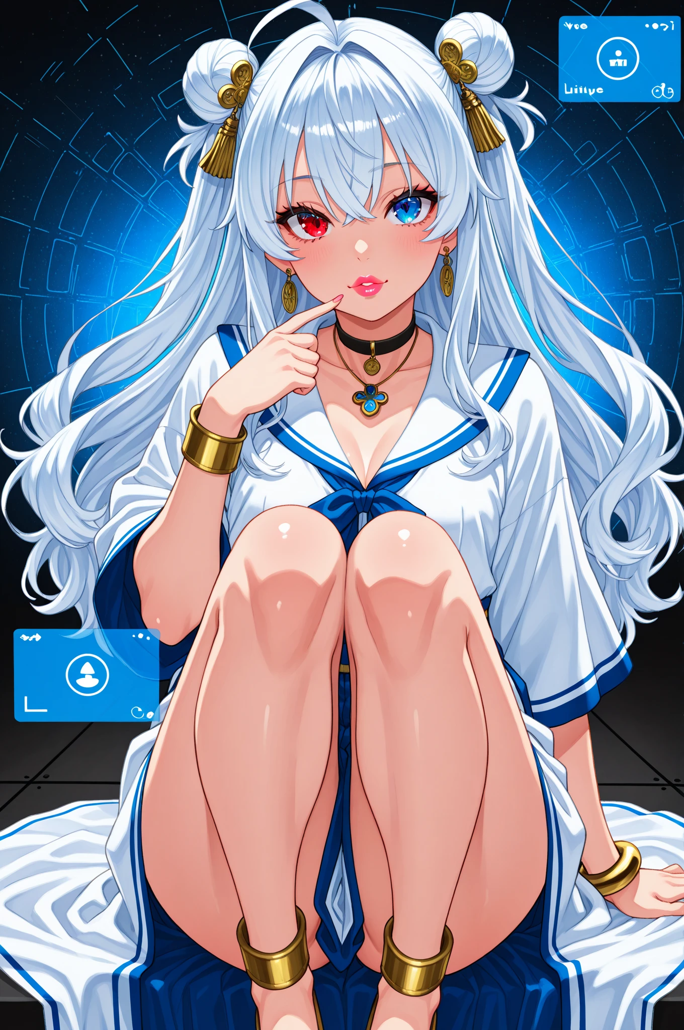 long hair, blushing face, blue eyes, navel, blue hair, white hair, multicolored hair, two-tone-hair, liquid hair, corset, garter belt, stocking, breats, braid, navel, ((magazine cover)), upper body, catear