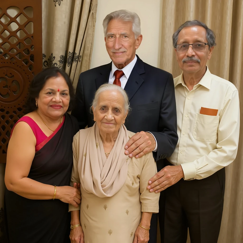 a south indaian old man sitting on chair and behind standing wife with jewllary