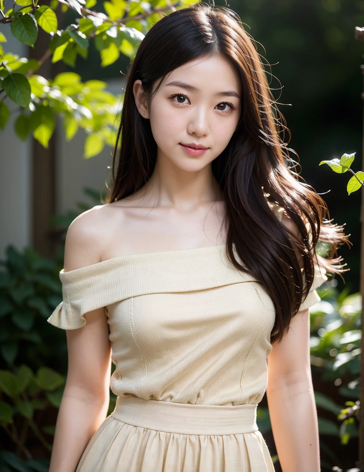 (RAW Photos, Highest quality), (Realistic, Realistic:1.3), Tabletop, smile, Very delicate and beautiful, A soft light is hitting her from the front., (Brown Hair, Straight shoulder-length hair fluttering in the wind), Beautiful detailed girl, (Detailed fingers), Highly detailed eyes and face, Beautiful and detailed nose, Beautiful attention to detail, 1 Girl, Japanese, Pure beauty, cute, (Half Body:1.3), Realistic face, Realistic body,