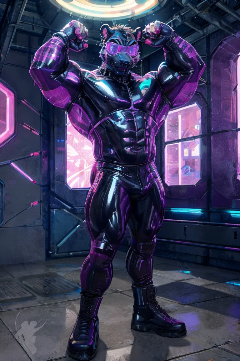 brainwashing, male, neon lights, programming, super soldier experimentation, muscle growth, hypnotic visor, spirals, glowing headset