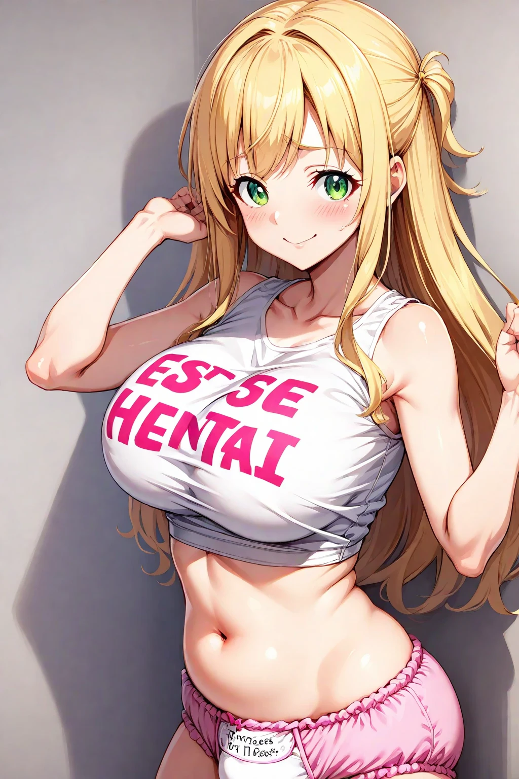 Very detailed、highest quality、Best image quality、masterpiece、8k、Anime Face、A kind smile、(Open your mouth:1.3)、Sparkling blue eyes、(Blonde semi-long hair:1.5)、(Muscles of the whole body:1.3)、(High leg:1.8)、Thigh belt、(Calvin Klein T-back:1.5)、(Upper body close-up:1.5)、(SFW Giant)、(Thick body:1.3)