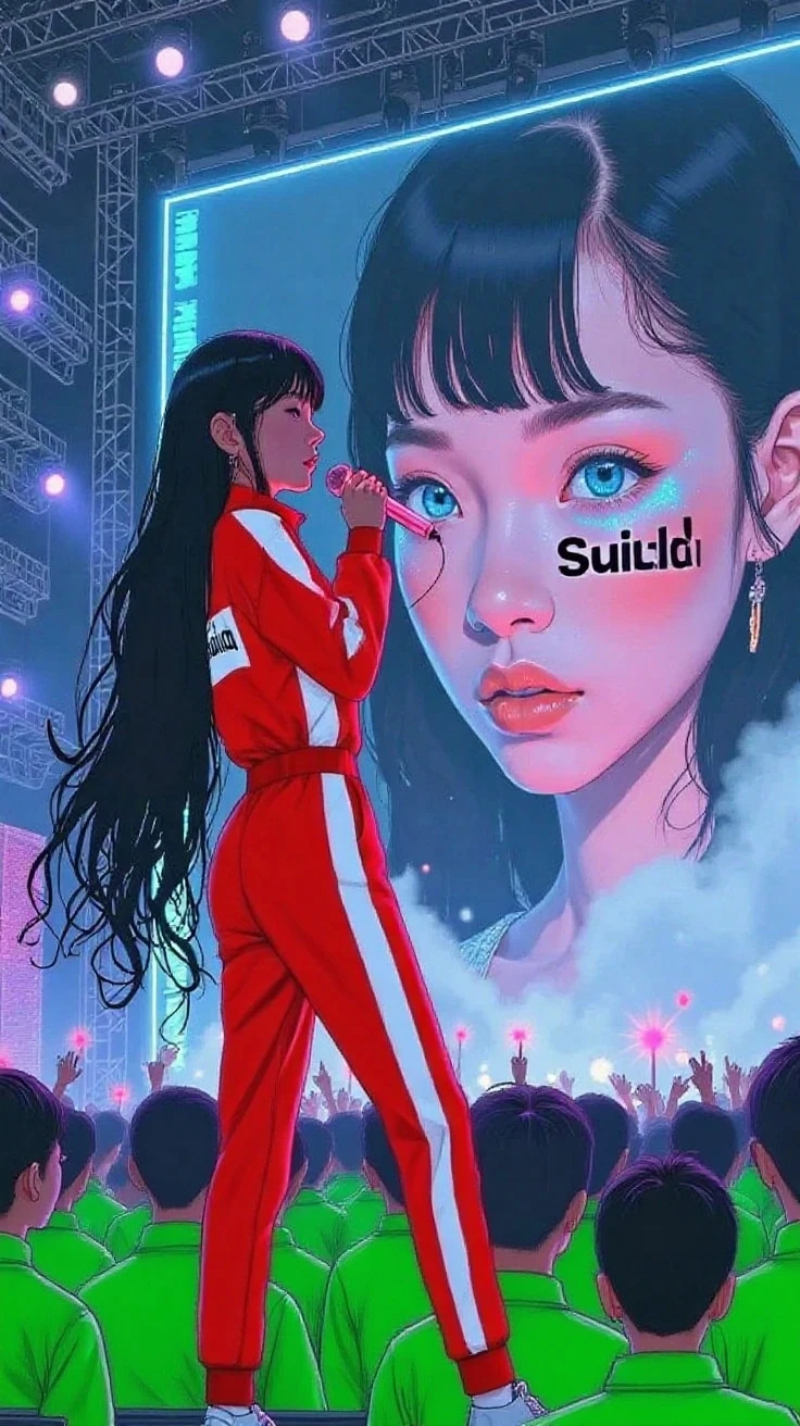 (a glamorous pop idol girl performing on stage:1.3), (long black hair with bangs, shimmering light blue sequin halter top and skirt:1.2), (wearing white knee-high boots:1.0), (holding a glowing pink microphone:1.1), (striking a confident pose with one leg bent), (background: giant LED screen showing alternate version of her:1.4), (on the LED: same girl, but exhausted, slouched posture, makeup smudged, tears in eyes, cold blue light on face:1.4), (LED screen slightly glitched, hinting at emotional breakdown), (stage lights flashing purple and teal:1.1), (sparkles in the air, but fading behind her), (crowd is cheering, unaware of what’s revealed behind), (soft fog around the stage), (theme of hidden depression behind fame), (cinematic concert illustration, story-driven, dramatic emotional lighting), (4k ultra detailed, highly expressive, poster-worthy concept) --v 6 --style raw --ar 2:3 --quality 2 --upbeta