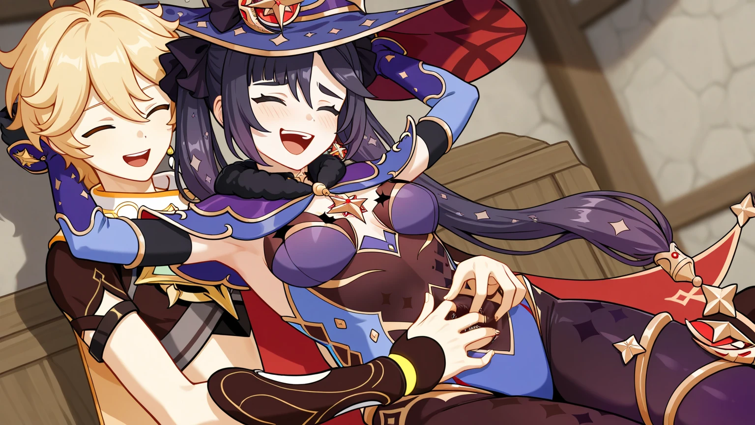 score_9,score_8_up,score_7_up,score_6_up,gigantic penis,mona \(genshin impact\), 1girl, hetero, uncensored, 1boy, breasts, cum, large penis, blush, erection, testicles, veiny penis, huge penis, open mouth, purple hair, penis awe, long hair, smile, solo focus, teeth, medium breasts, hair between eyes,dark-skinned male,