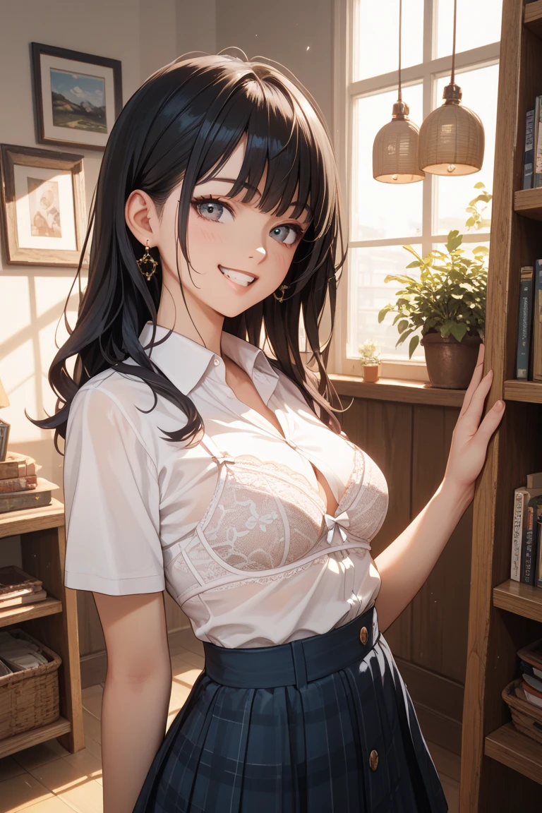A young woman of ahe 18with long, straight black hair stands with a mischievous grin in a cozy, softly-lit room. Her cheeks are slightly flushed, hinting at a playful, lewd state of mind. She is wearing a white, fitted blouse that subtly accentuates her figure, with the top buttons undone to reveal a hint of lace underneath. Her sleeves are rolled up to her elbows, adding to the relaxed and inviting atmosphere. The background features a warm, stylish room decorated with creative trinkets and photography books, illuminated by the soft glow of fairy lights. She holds a camera loosely in one hand, as if caught between taking a photo and indulging in a moment of playful teasing. Her gaze is directly at the viewer, with a twinkle in her eye and a suggestive smile, inviting them to share in her secret mischief.with a leaning forward posture
In Anime Look