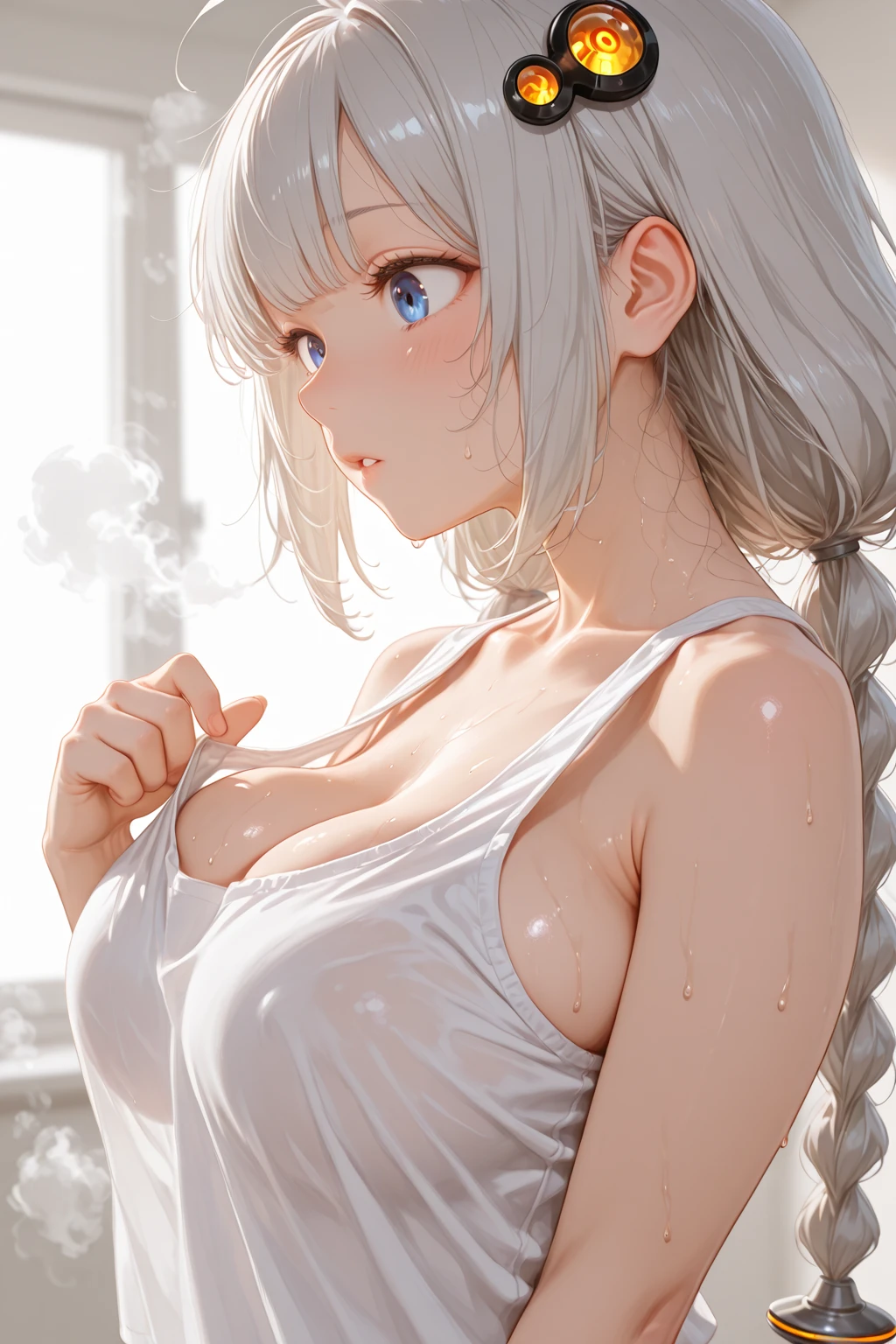 realistic, 1girl, Hair braids, parted lips, blush, makeup, slim, perfect body, light smile, white hair, short, t-shirt , bedroom background , wet clothes, glow, thighs, blue eye, bare shoulders, collarbone, narrow waist, sunbeam, sunlight, rose, wind, cleavage, (masterpiece), sweat,