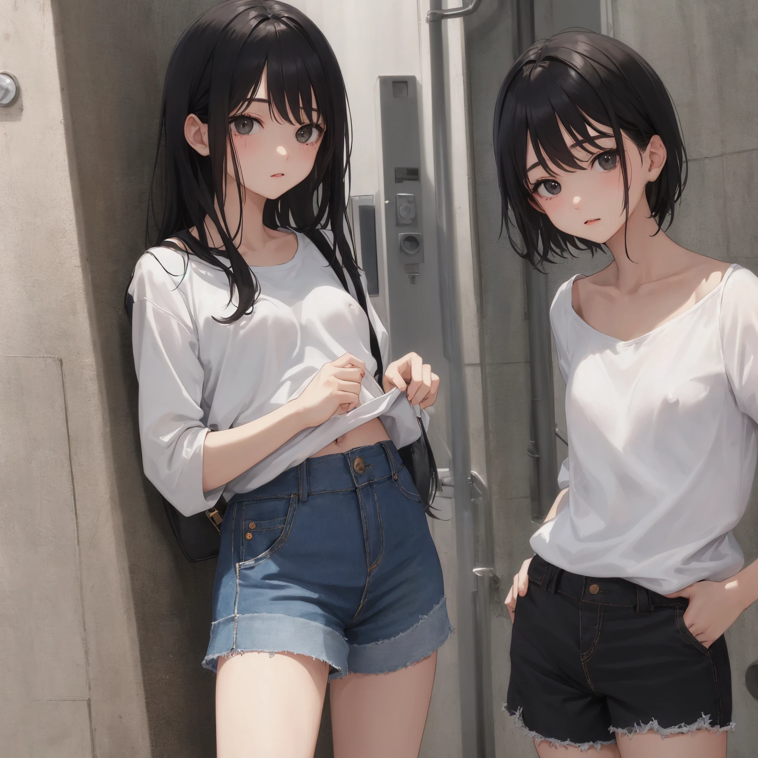 Masterpiece, beautiful slender girl, bus stop, unzipped shorts, pussy peek, pussy, no panties, sweat, sweatdrop, t-shirt, midriff, pussy juice, blushing, bare legs, slim, full body, sneakers, embarrassed, scared, thigh strap, standing, small breasts, erect nipples, peeing, pee, pee puddle