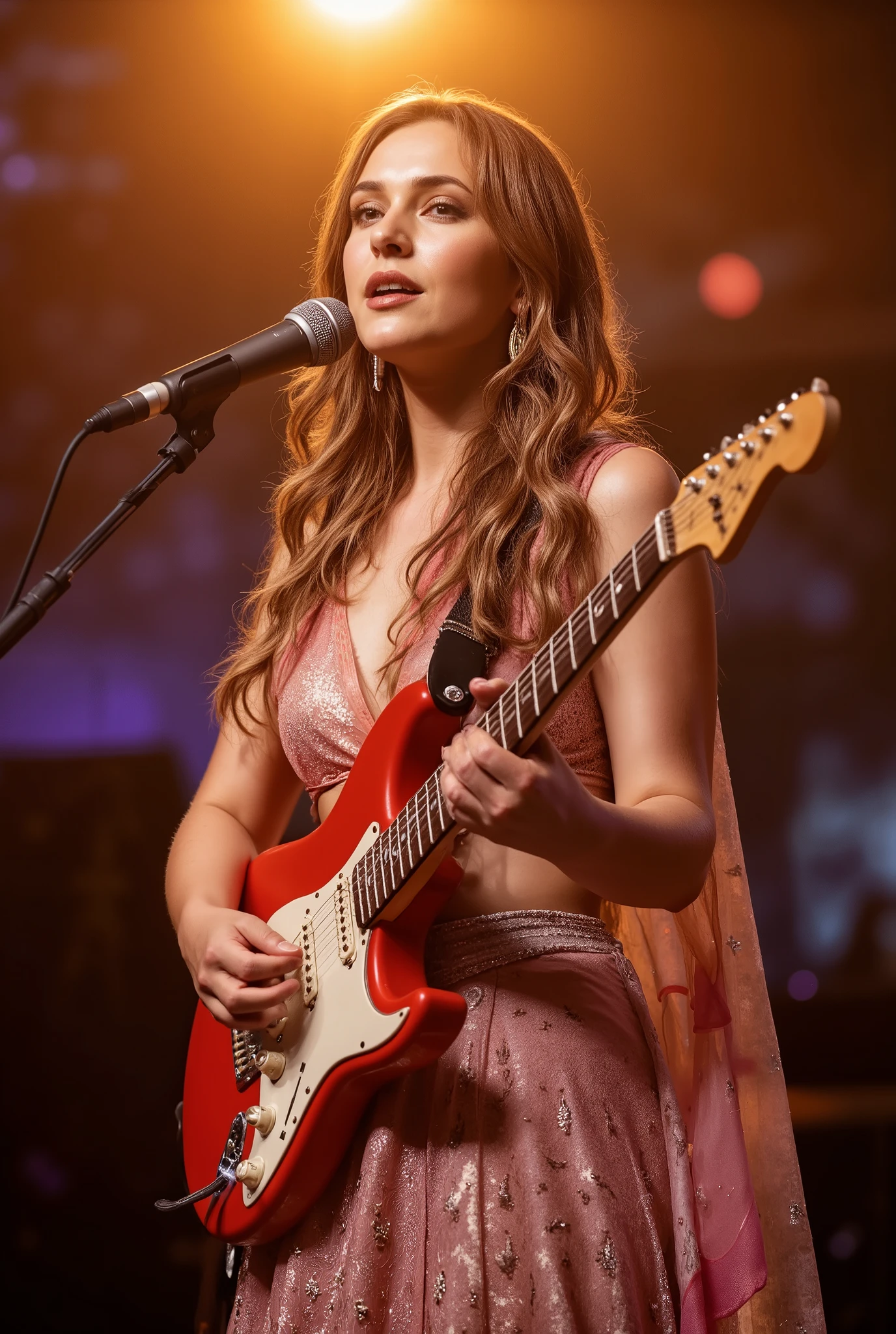 A beautiful woman with golden brown, shiny hair sings passionately while playing an electric guitar on stage.
Her hair gleams under a soft, warm spotlight from behind, creating a radiant halo effect that adds to her ethereal presence.
She wears a flowing silky lehenga that shimmers elegantly under the stage lights, the fabric catching every glint and movement with rich texture and depth.
The background is filled with a dreamy, softly blurred bokeh of colorful lights, enhancing the enchanting and intimate mood of the performance.
Her expression is both passionate and graceful, reflecting deep emotion and artistic elegance.
The scene is ultra-detailed and highly realistic, with cinematic lighting highlighting glowing reflections on her hair, dress, and guitar.
The composition is carefully crafted to balance rich textures, glowing highlights, and artistic framing, making the entire image visually captivating.