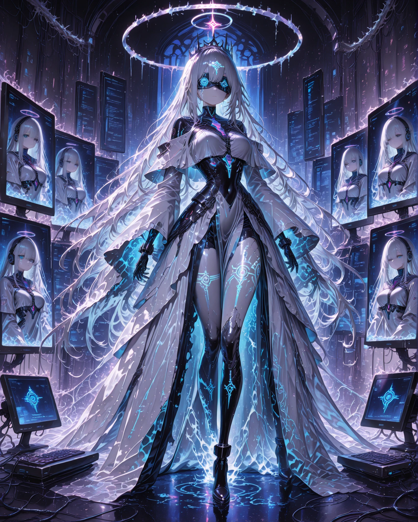 Masterpiece, ultra detailed, cinematic lighting, 4K resolution, cyberpunk aesthetic, surreal digital temple. A tall cybernetic priestess stands at the center, her body pale and ethereal. Her long hair is made of braided USB and data cables, flowing like wires in zero gravity. She wears a flowing dress made of glowing computer monitors and smartphone screens, all flickering with static, digital interference, and glitch effects. Her arms are thin, elongated, and ghostly white, with translucent circuits under the skin. A crown of metallic thorns floats horizontally across her face at eye level, like a cybernetic blindfold, glowing faintly. Around her, a group of human devotees kneel in reverence, holding smartphones raised as if in prayer, bathed in cold digital light. Their faces are illuminated by the screens, emotionless yet devout, worshipping her like a digital saint. The background is a massive techno-cathedral, filled with wires, neon halos, and digital glyphs. The atmosphere is mystical, eerie, and reverent — a futuristic cult of technology.