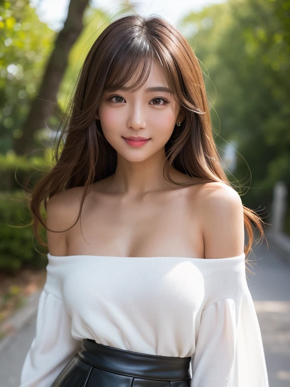 table top, highest quality, shape, Super detailed, finely, High resolution, 8k wallpaper, 完璧なダイナミックな構shape, finelyて美しい目, off shoulder knit ladies&#39;S fashion,wavy hair,、natural color lip, bold sexy pose,smile,Harajuku、20 year old girl、cute、sexy shot looking at camera,Ultra-realistic raw photos