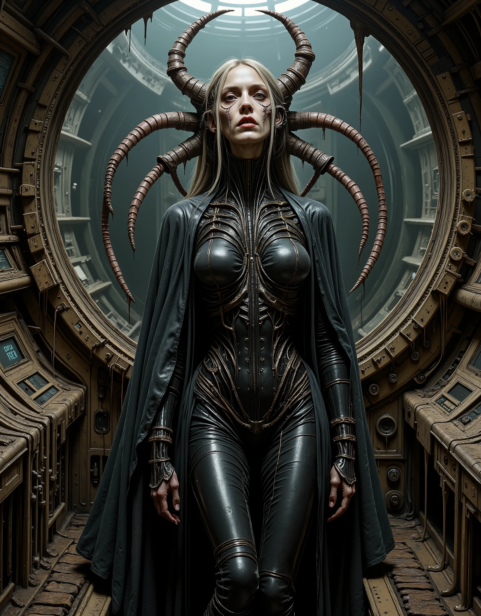 Dark malevolent cyber-goddess, a derelict spaceship, style of HR Giger, a once fully human woman has morphed and melded into the architecture and structure of the space spice, her face is beautiful but vacant, devoid of human love and sentiment, tubes and hoses run from her body and limbs into the machinery of the spaceship, fluids and secretions drip[ from the walls of the ship and from the tubes running from her body, she has assimilated into the computer and console, very retro sci-fi, asymmetrical layout, volumetric lighting, classic horror comic aesthetic, muted colors, high-contrast, dark tones, chiaroscuro lighting, grainy texture, low-key lighting, deep shadows, retro mise-en-scène, noir palette, Giallo vibrancy, smoky ambiance, cinematic composition, detailed, intricate, medium contrast, murky red and green back lighting, volumetric lighting, Frazetta, James Bama, Jim Steranko, Bernie Wrightson, classic sci-fi art, lurid and vivid, perfect anatomy, masterpiece, HD, 8x, "anatomically correct human" "realistic proportions" "natural human pose" "full figure, accurate anatomy" "correct fingers and joints" 1970s cinema, moody lighting, chiaroscuro, Italian pulp comic color palette, saturated reds and greens, film grain, foggy lens, dramatic shadows, unnatural angles, the edges of image are old and torn,