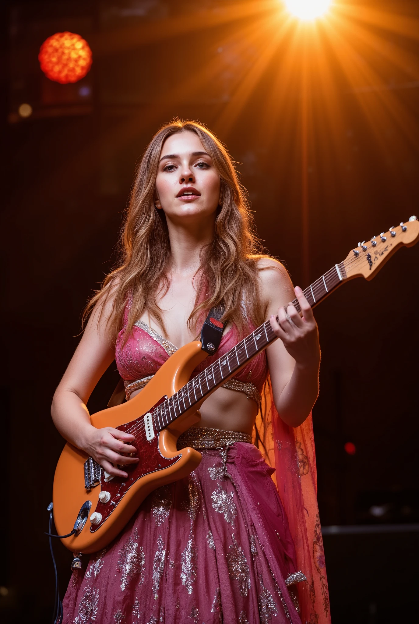 A beautiful woman with golden brown, shiny hair sings passionately while playing an electric guitar on stage.
Her hair gleams under a soft, warm spotlight from behind, creating a radiant halo effect that adds to her ethereal presence.
She wears a flowing silky lehenga that shimmers elegantly under the stage lights, the fabric catching every glint and movement with rich texture and depth.
The background is filled with a dreamy, softly blurred bokeh of colorful lights, enhancing the enchanting and intimate mood of the performance.
Her expression is both passionate and graceful, reflecting deep emotion and artistic elegance.
The scene is ultra-detailed and highly realistic, with cinematic lighting highlighting glowing reflections on her hair, dress, and guitar.
The composition is carefully crafted to balance rich textures, glowing highlights, and artistic framing, making the entire image visually captivating.