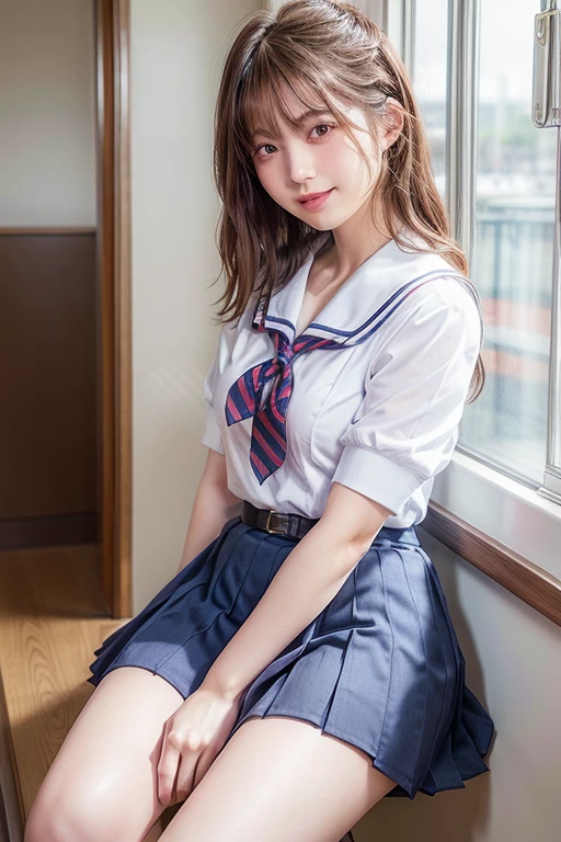 top-quality,ultra - detailed,tmasterpiece,hentail realism,photoreali,Bright lighting,1 girl in, an extremely beautiful 17-year-old girl, (kawaii:1.2),thin smile, (Brown eyes),(A brown-haired),(By bangs),perfect glossy shiny skins,Flawless skin,((erotick,Sexy and sexually explicit)),((Precise pointers,There is no incongruity)), Large full breasts,Big breasts Thin waist, looki at viewer,((a sailor suit)),((Short sleeve uniform white shirt)),(red necktie),(Blue mini pleated skirt),((Sit up)), ((black sock:1.3)), ((Black Knee Socks:1.3)),(Loafer shoes), In the daytime,On the train,Horizontal bench seat,Turn your back to the window