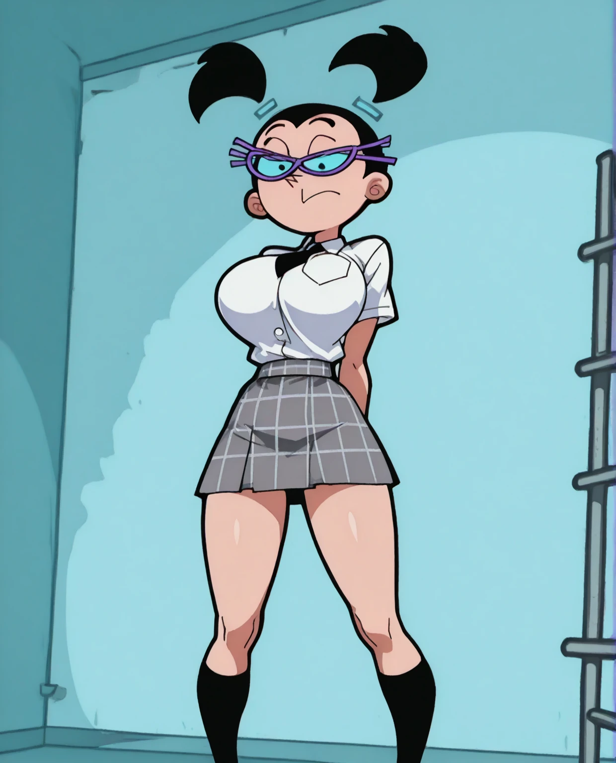 score_9_above, score_8_above, score_7_above, high quality, 1 girl, Alone, Tootie, black fur, two tails, suspenders, hair band, glasses, , crossed arms, smiling, classroom, spread pussy, vagina, legs open, Chibi, Ahegao, naked, masturbating, big breasts, small girl, View from below