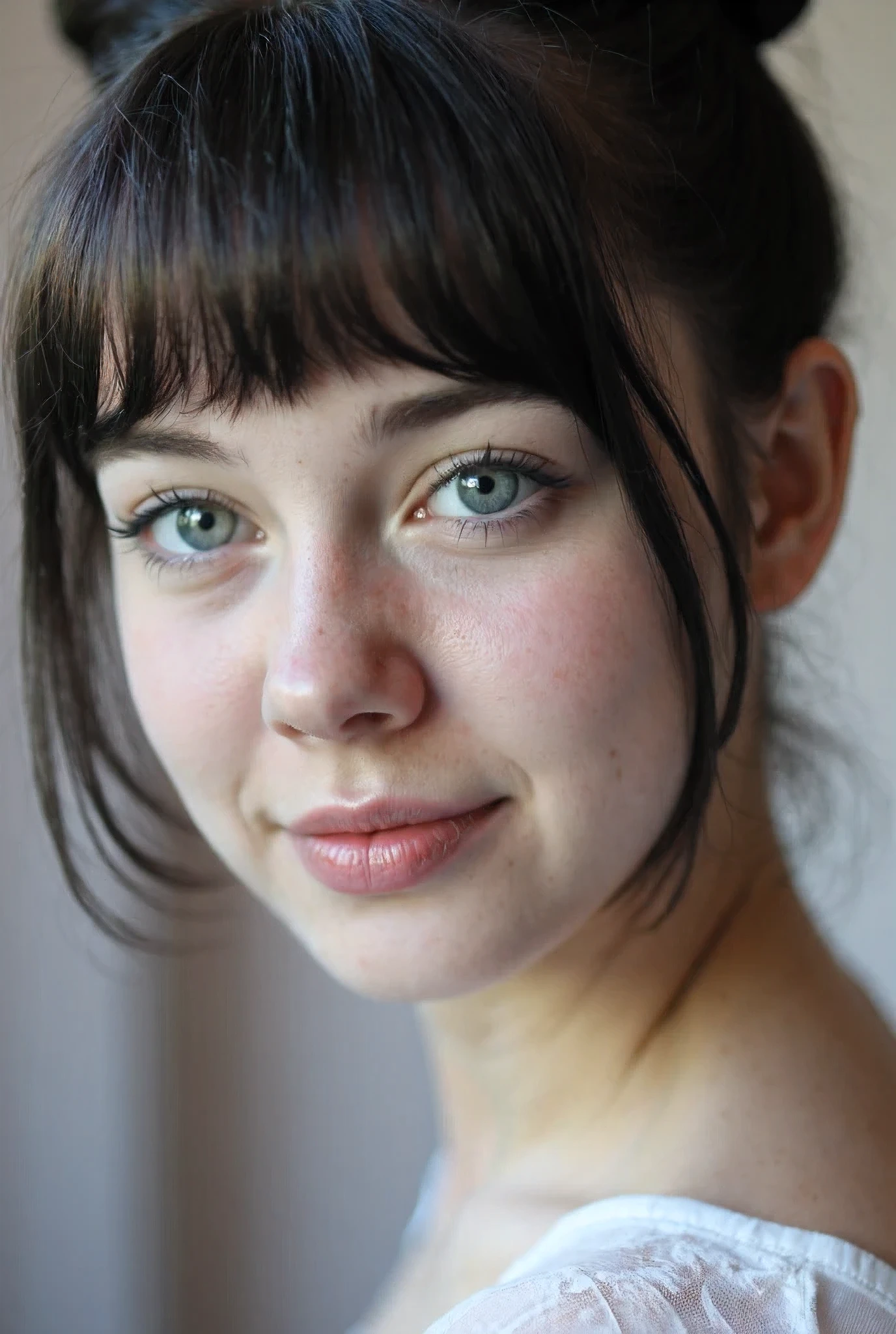 Best quality, RAW image, beautiful slavic girl. She sitting on a bench in a empty classroom, bun with bangs hairstyle,black-color hair, ,blue eyes,pale skin , she dressed in a revealing , transparent sheer top, Canon EOS 1100D, 85mm lens, f/1.8, bokeh, subtle skin texture, pores, studio lighting that illuminates her pale skin perfectly, subtle skin texture, pors, freckles, sharp focus on the girl, blurred background, she is posing seductively to the camera, looking at wiever, eye contact, subtle smile, alluring expression, intense look, detailed face, clear image, detailed, vivid image, UHD , 8K