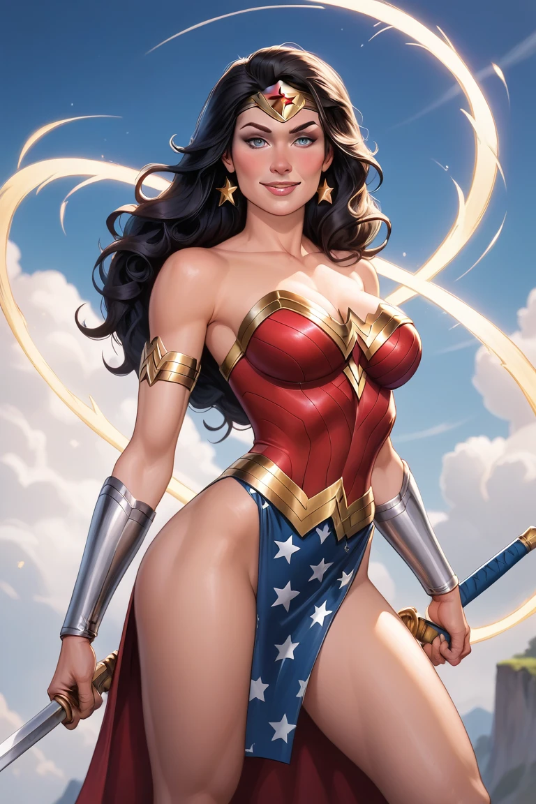 highres, masterpiece, best quality, 1girl, wonder woman, solo, leotard, boots, space, space backdrop, stand, hand on hip, matching boots, full body,
