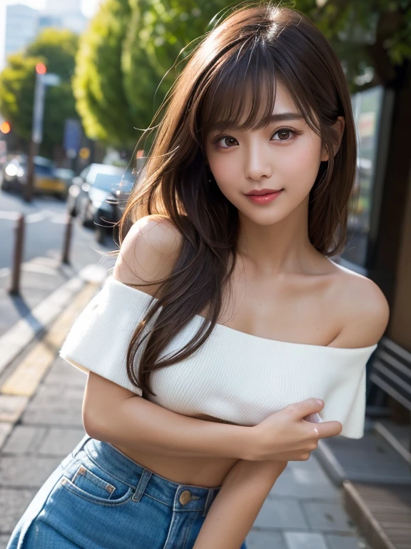 table top, highest quality, figure, super detailed, finely, High resolution, 8k wallpaper, 完璧なダイナミックな構figure, detailed and beautiful eyes, cold winter clothes,medium hair,beautiful breasts、natural color lip, sculpture pose,smile,Harajuku、20 year old girl、cute、Taken in front of the camera,night scene,blur background、Close-up、close distance