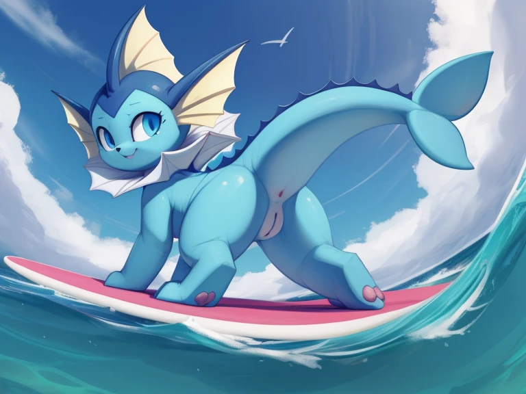 Vaporeon,1woman,slim body, beach, sweat, sweat drops, steam clouds, musk, anus, vagina, nsfw, anus focus, smug smile, squatting,whisperfoot art style