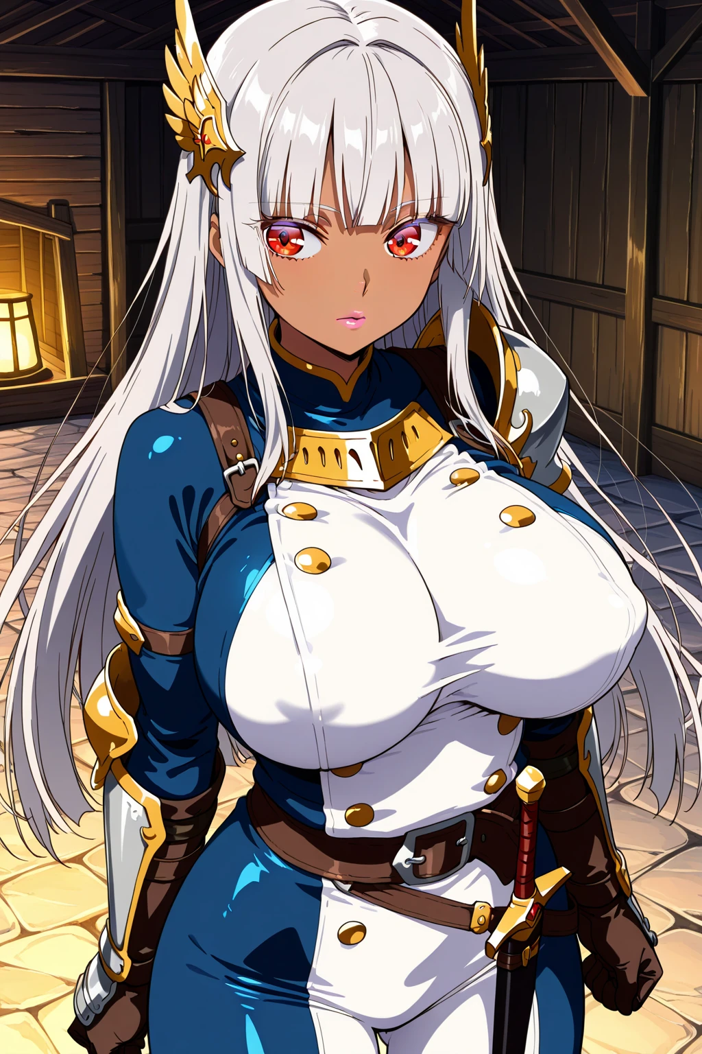 "(masterpiece:1.1), best quality, NSFW,
1girl, (80s anime style:1.3), (eyelashes:1.5), (loli:1.2),
(intricate high detailed body:1.2),
(silver hair:1.1), (forehead:1.1), (long hair, straight hair:1.1), (headband:1.2),
blue eyes, (red lip stick:1.3),
(perfect world gigantic, gigantic breasts:1.5),
(angry, smile:1.2),
(silver embroidery body suit armor:1.2), (pantyhose:1.2),
(suspenders:1.1), (accessories:1.1), neckwear,
standing, arms behind back,
(upper body, cowboy shot, looking at viewer, from front:1.1),
(daytime, grassland, outdoors:1.2)"