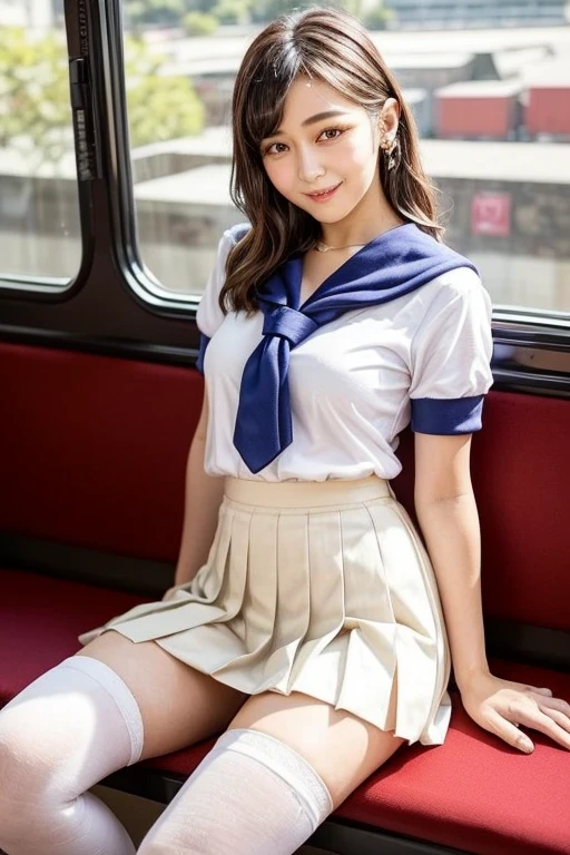Top Quality,extremely highly detailed,masterpiece,realisitic,Photo real,bright lighting,1 girl in, Very beautiful 17-year-old girl, (kawaii:1.2),faint smile, (Brown eyes),(ligh brown hair),(bangss),perfect shiny skin,Flawless skin,((Erotic,Sexy and sexually explicit)),((Precise hands without dissonance)), big full breasts, big breasts and a thin waist, Watch your audience,,((Short sleeve uniform white shirt)),(Blue mini pleated skirt),(Show Panties:1.5),Wearing panties,panties focus,((Sits,Open Legs Wide)), Sock, (Black knee socks),(Loafer Shoes), daytime, in the train, Long horizontal seats with your back to the window, Smiling broadly, (spread legs:1.5), (tight fitting clothes)