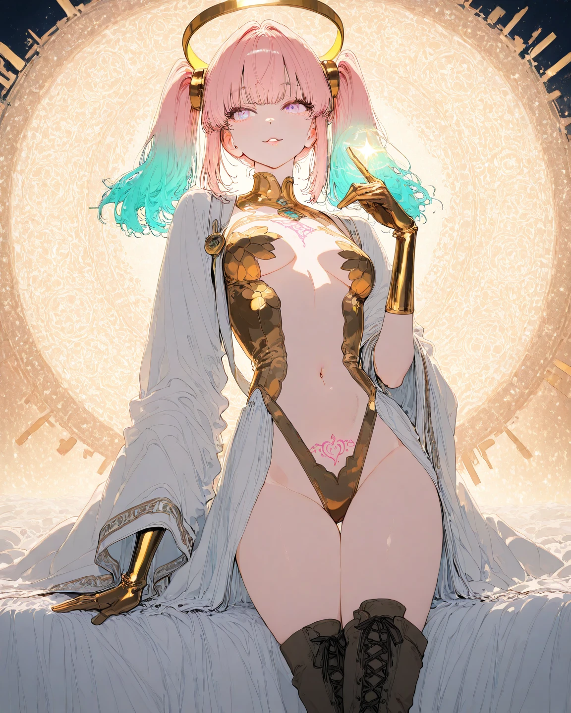 ((highest quallity)), ((work of art)), (super verbose:1.4),(32 thousand images),(ultra high detailed breasts),Best Anime,sharpening,The best wallpapers,Phenomenal representation,golden ratio, Wind Manipulation:1.5,light manipulation,(Perfect anatomy without destruction),(Beautiful accurate and detailed eyes,glare eyes),(shiny hair:1.1,),(her face looks delicate and beautiful. her skin looks delicate and beautiful.),(no expression:1.2),Fine body,slim tummy, pink  hair, tassel braids、Waist slender,へそ,The detailed breasts, detailed breasts, ((pointed nipples))、The bright white costume is divine々nya,gemstone),fullmoon:1.1, Backgrounds with depth:1.3,hair ornamen,Starry sky, ((yo&#39;I&#39;m taking a photo from the front)), Describe a scene where a female vampire from the Tremere clan, with aristocratic features and mesmerizing eyes, is to seduce someone in a dark and mysterious environment. She is dressed in elegant clothes and displays an aura of power and mystery.... Your gaze is penetrating and seductive, as she uses her manipulation skills to lure the victim closer, involving her in a dangerous game of desire and fascination. The atmosphere around you is charged with tension and excitement., with shadows dancing around, further enhancing the atmosphere of seduction and mystery, wearing red lingerie, nsfw, high heel boots 