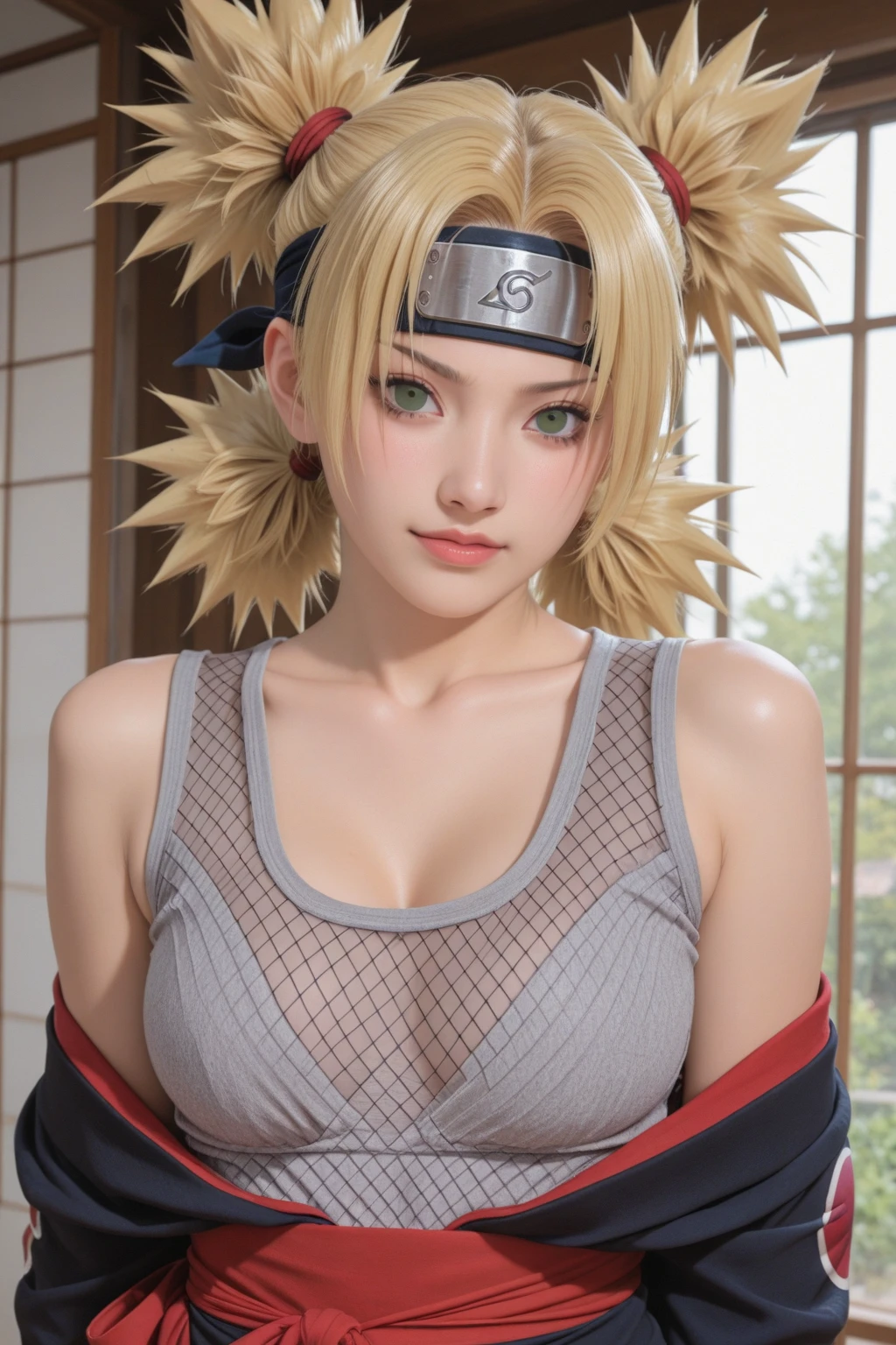 The real picture、8k, Nara Temari、((Big Breasts)), (Cleavage), clavicle,((Tsun Costume)), (紫colourの着物),), young woman, blondes、Attractive look, Looking at the audience, Konoha Village, Outdoor, Daytime, (full body shot), (Very detailed, beautiful detailed face, masterpiece, beautiful detailed eyes, highest quality), Huge breasts, ((Fascinating smile)), 超High resolution,4K,Very detailed, photo shoot, 8k, High resolution, High resolution, (Confused:1.2), Kodak Portrait 400, Lens flare, (Vibrant_colour:1.2),Professional photos, (beautiful_face:1.5), ,(((cast 1.3))),(((Squeeze your elbows,My chest feels tight)))wearing sexy ninja outfit (gray color dominant), purple kimono, black fishnet, wearing miniskirt, cleavage, wearing black shinobi sandal, looking at viewer, emotionless, kunoichi, fighting pose, wide shot, portrait photo, in the top of the mountain, standing on rock, cloud, village view, NSFW, high res, ultrasharp, 8k, masterpiece, best quality