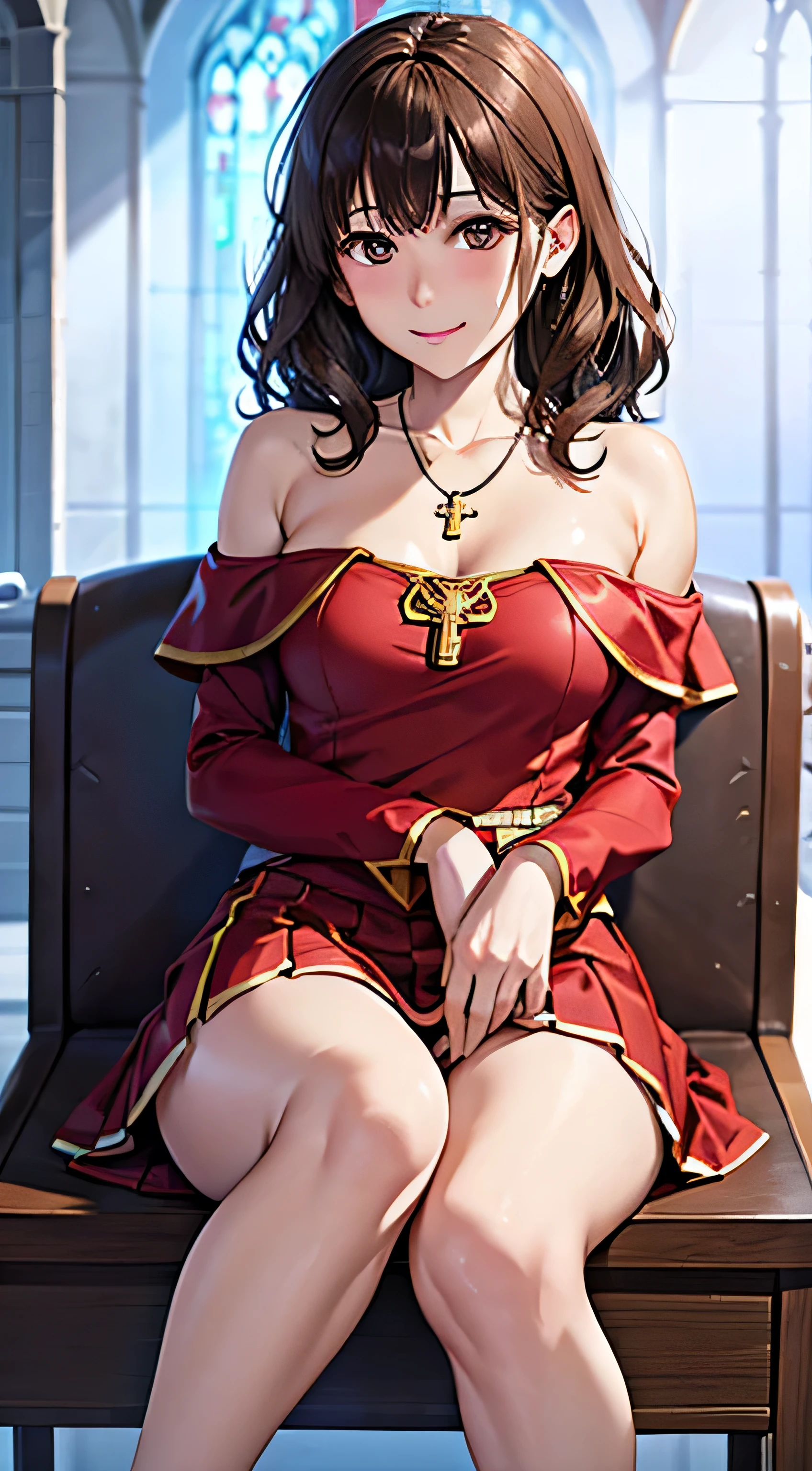 ((Tabletop, Highest quality, High resolution, , Pixel Perfect, 4K,))), 1 female, 、The whole body is visible、 ((Long Wavy Hair, bangs, Brown Hair)), ((Brown eyes, Beautiful eyelashes, Realistic eyes)), ((Detailed face, Blushing:1.2)), ((Smooth texture:0.75, Realistic texture:0.65, Realistic:1.1, Anime CG Style)), Medium sized breasts, Dynamic Angle, Perfect body, (( , , Beautiful priest、、 Priest off-shoulder jacket、Priest Flare Skirt、、)), Gold Hair Ornament、Cross Necklace、、Very embarrassing panic smile, 、In front of the shower room、Sitting on the floor、Spread your legs、、Nipples are slightly visible、、Pink lace panties visible、、、、 、Angle from below)、
