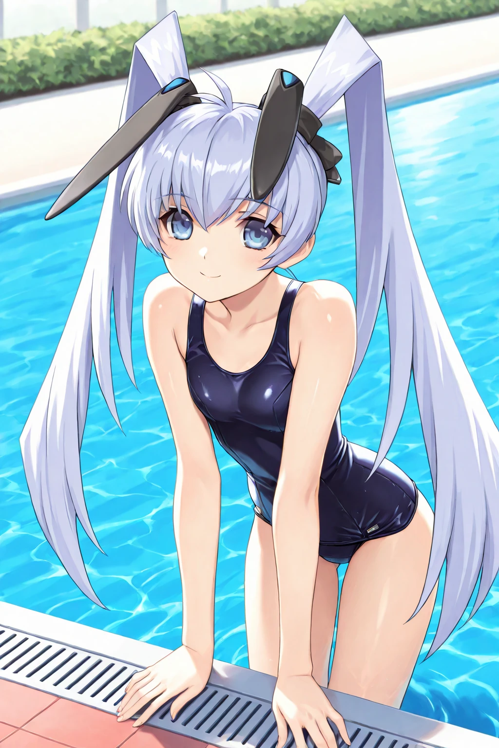 illustration style, cute girl, silver hair red-eyed rabbit ears, bikini swimsuit, eye cover, one eye hidden by hair, solo, rabbit ears, rabbit ears, long hair, red eyes, red eyes, morning moon, leisurely, sunny morning sun, pool relaxation, gaming pool, inflatable float, carefree atmosphere, refreshing water, friendly, bikini swimsuit, boy body, refreshing water, gentle morning crest, comfortable, relaxing, tropical palm trees, sunrise, lazy morning, quiet oasis Eye Cover, Eye Cover, Japan, Japanese style