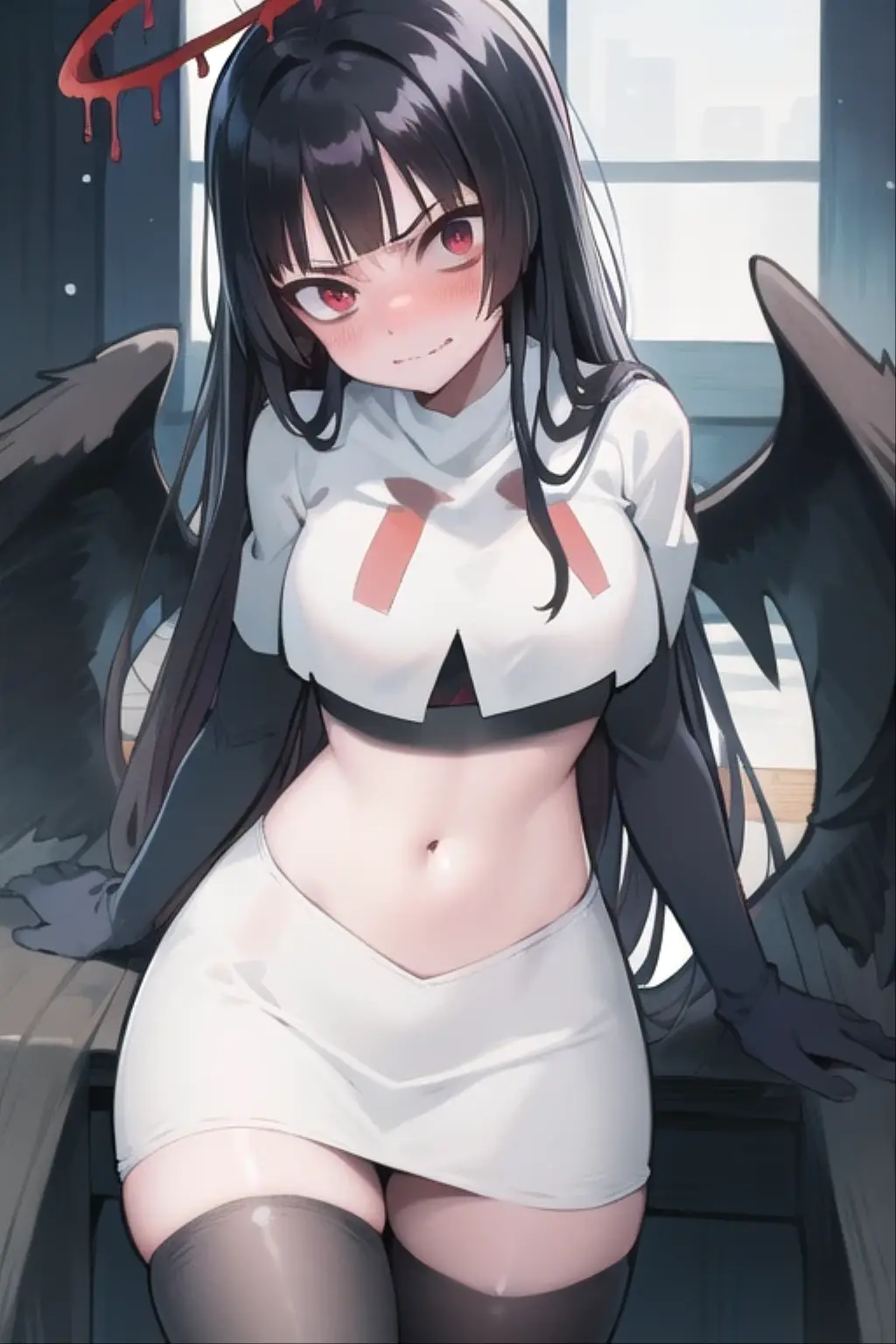 score_9, score_8_up, score_7_up, source_anime, expressive, anime, cartoon, speedlines, dynamic, hearts, 1girl, wide hips, makeup, , nude,naked skindentation, , sweat,  prison, smug, , long hair, Tsurugi (black hair, hime cut, antenna hair, long hair, halo, bloody halo, red eyes, eyeshadow, black wings, low wings, wings from lower back, thorny wings, featherless wings, neck tattoo,), , mugshot style, crazy love, embarrassed, blush, nose blush, arm bra, covering pussy, hand on crotch