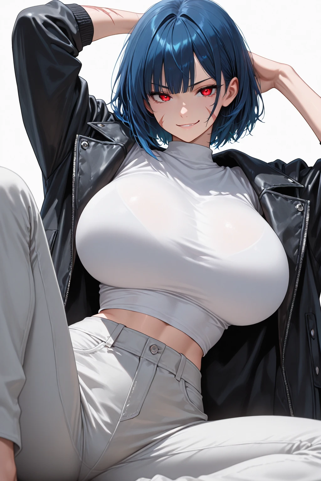 (Masterpiece, BestQuality:1.3), (ultra detailed:1.2), (hyperrealistic:1.3), (RAW photo:1.2), High detail RAW color photo, professional photograph, (Photorealistic:1.4), (realistic:1.4), professional lighting, perfect anatomy, (Big Breasts, (The underboob is visible:1.3):1.5), (blush, detailed face), (cheerful Smile:1.5), (Blue Hair:1.5), Trending Hair&Trending Hairカラーをランダムに, earrings, necklace, bracelet, sexly, erotic sexly, Random sexy gravure poses, (Sexy woman in black leather jacket and shorts。A cool expression on the abandoned factory grounds、Leaning against a wall。: 1.3)