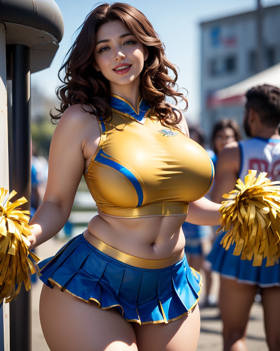 Indian milf, highres, (photorealistic : 1.3), wide angle, (slutty:1.4) , curvy, massive tits, wide hips, large ass, thick thighs, view from below, (huge breasts:1.4), (big cleavage:1.5), wearing (((cheerleader))) outfit, ((miniskirt)), flying skirt, visible panties
