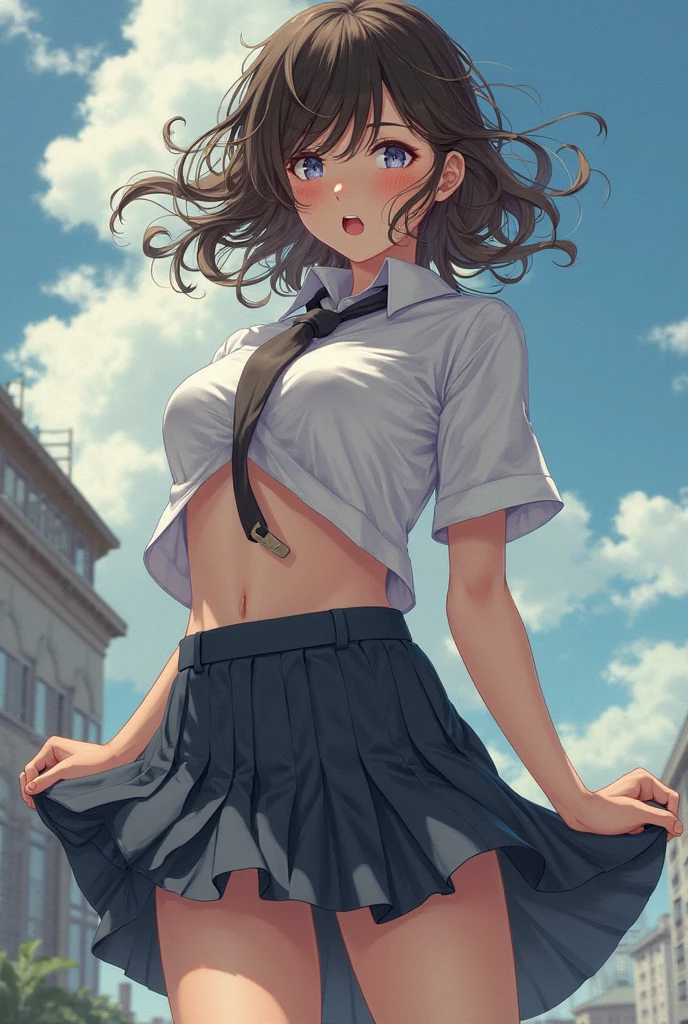(mejor calidad, obra maestra, Ultra high resolution), (fondo de pantalla 8k, High Definition, hdr, CRUDO), (autenticidad: 1.4), ((tiro de cuerpo completo)), 1 chica, ((chica anime)), ((chica gigante)), giganta, gts, ((pelo largo y negro)), ((chica anime de la escuela)), ((Blue eyes)), amazing slim body, curvas femeninas, Caderas anchas, Pechos grandes, muslos gruesos, barriga plana sexy, manos perfectas, ((manos en su cintura)), cara de anime perfecta, ((blusa blanca)), Tartan skirt, In a small miniature town, ((Sonrisa segura)), small buildings in the background, natural lighting, solar lighting, rayos de sol en el fondo