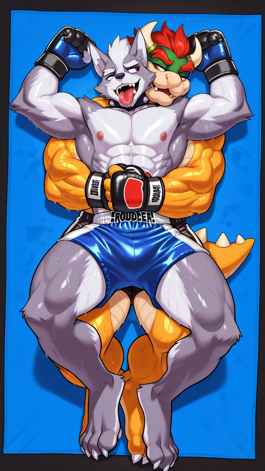 score_9, score_8_up, score_7_up, rating_rule34,source_furry,anthro,source_3D,  yellow wolf  and white wolf 
anthro.
 male.
Uncensored.
Unreal Engine.
red eyes.
looking at the camera.
muscular.
fighting ring in the background.
Nude.
duo:1.1.
night with full moon. (sex backwards) nude (penis, balls, big penis), (Gay sex)  (condom) (((anal sex))), , (((anal penetration))), (duo) (four:1.1 position) (Back view) (looking at the viewer)