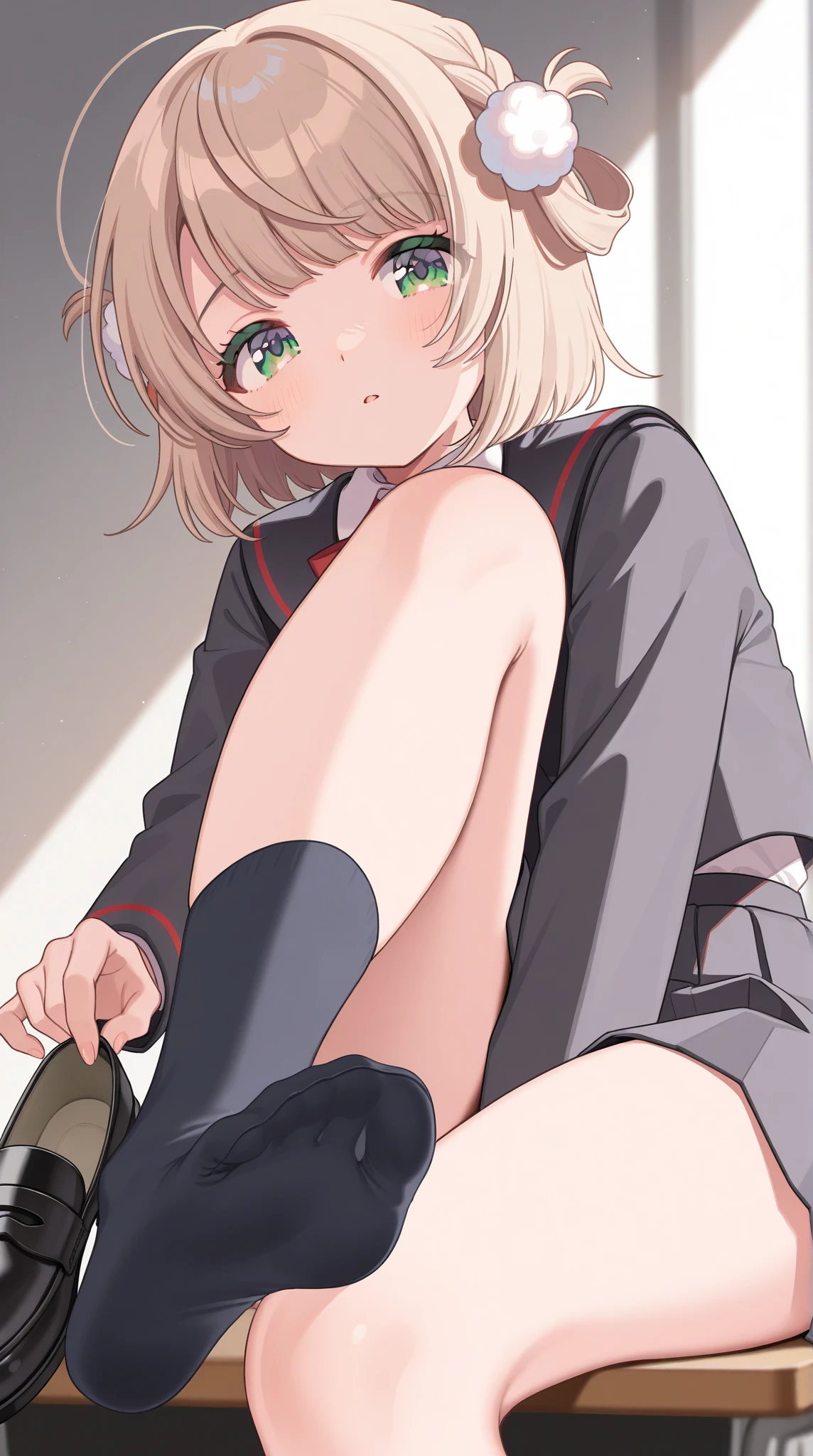 (((((1girl))))), (((best quality))), ((((masterpiece)))), (((ultra-detailed))), (illustration), (detailed light), (an extremely delicate and beautiful), (beautiful detailed eyes), (sunlight), ((extremely light)),
((((typical school blazer and a pleated skirt)))),
school girl,
wavy short manish bob, (((yellow gold hair)), (((short hair))),
(((deep red eyes))),
((whole body)), aged 12 to 15, (()),
diamond, beautiful, ((extra elegant)), (((condescending expression))), (sexually mischievous smile), (((extra adorable))), (((extra slender shape))),
(((sittinng on the sofa with her legs open and up))),
(((exposed pale mint green panties))),
(((extraordinarily thin thighs))),
((white ankle socks))),