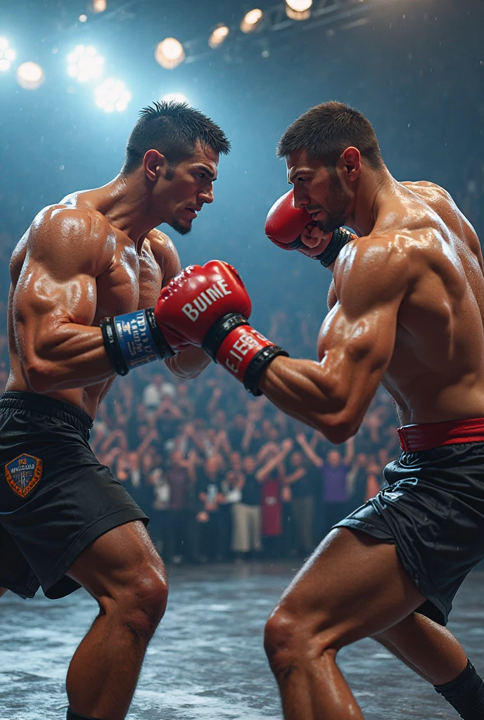 crie um boxeador levando um soco em um ringue profissional