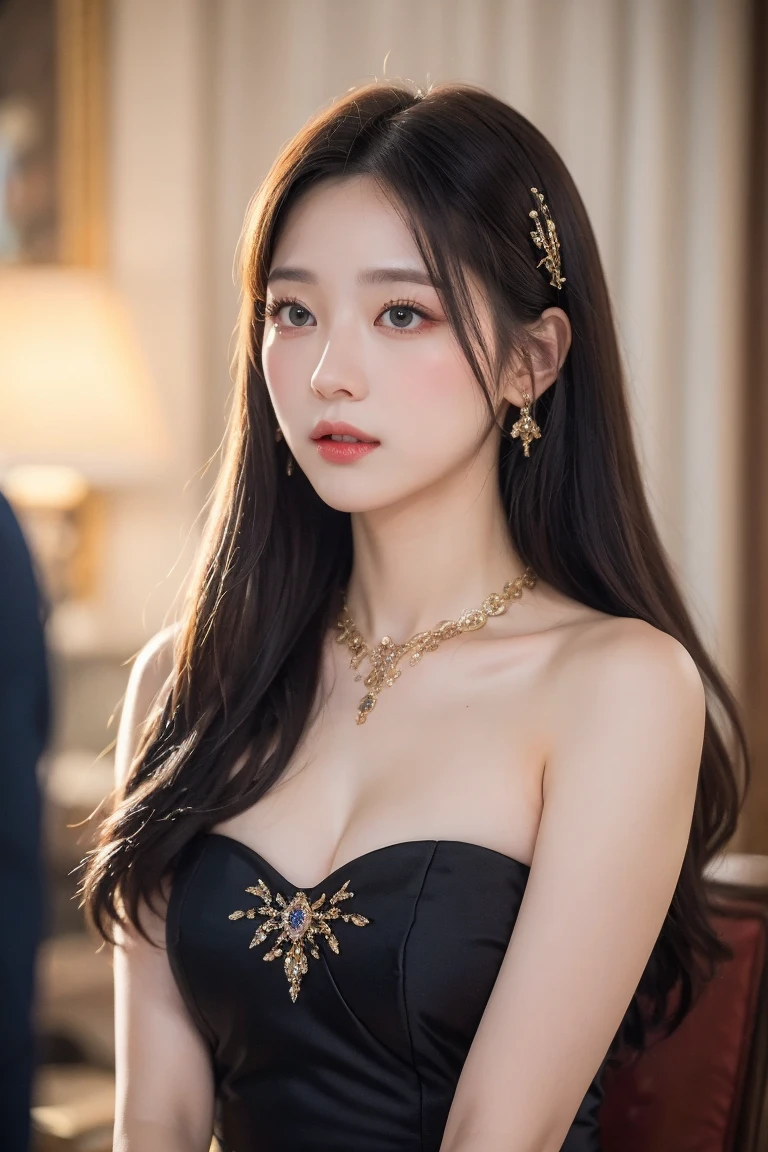 Princess , in castle , detailed hand , high quality, super quality, detailed face, beautiful woman , golden eyes, long hair , mega breast , gorgeous dress, tiara, necklace earring , full body , sharpe eyebrow