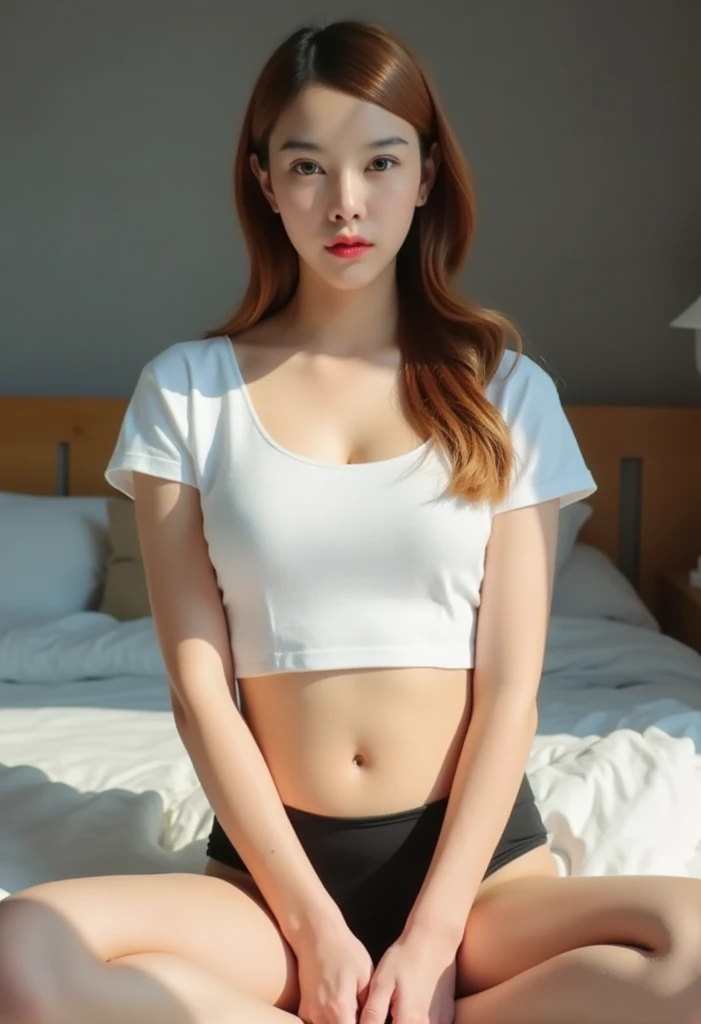 (dark Lighting, at bedroom, 1 girl, flat chest, white T-shirts and navy miniskirt, pink panties, medium hair, brown hair, spread legs, lifting the miniskirt, Lying on bed:1.5), fair-skinned, glossy lips, skinny, body type, delicate and sexy clavicle, highest quality, RAW photo, realistic, face, incredibly ridiculous beautiful girl, cute, Depth of bounds written, High resolution, ultra detail, detailed, Very detailed, extremely detailed eye and face, sharp pupils, sharp focus