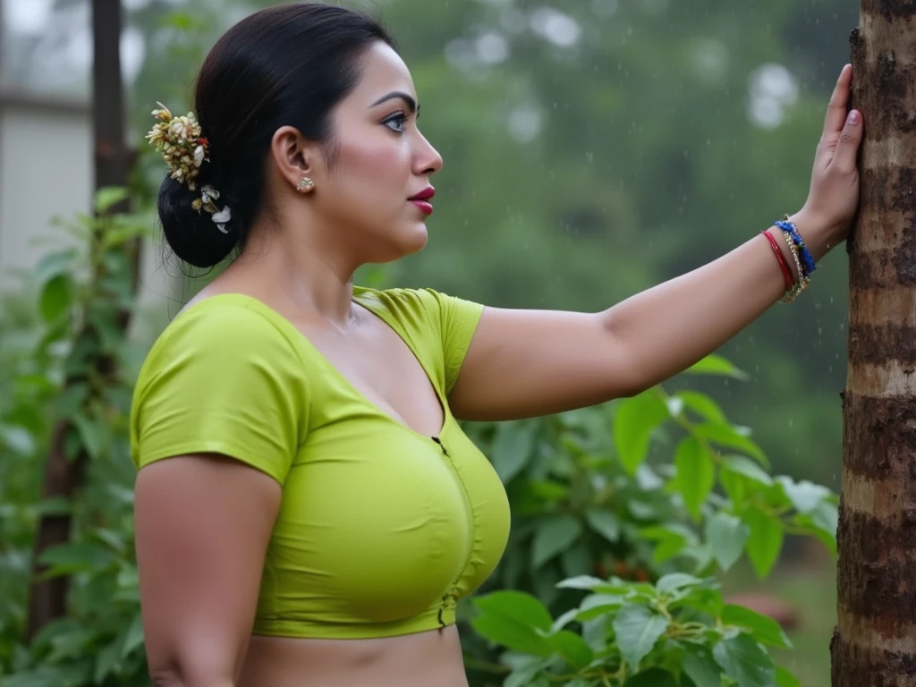 from bottom view, extreme close up photo of sexy indian, curvy athletic figure, open arms, sexy armpits, sweating, doing push ups in forest, ponytail, necklace, green red bra and saree, glossy lips, look at viewer and subtle smile, (cinematic:1.3), intricate details, (ArtStation:1.2)