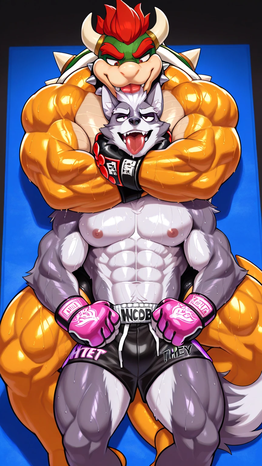 ((Ultra High Quality)), ((masterpiece)), ((Ultra detailed)), ((4k)).

, Anthro , Wolf , Handsome , Anthro Wolf  , Light Blue Wolf , Light Blue Fur , Black Short Hair , Black Beard ,tiger Stripe fur , Handsone , Good Looking , Green Eyes ,(Eyes Details), Middle Ages , Huge Pecs , Bodybuilder Fat , big belly , big Bulge  , Black Hoodies , Black jeans , black shirt , Sunglasses , Black Gloves , Anal , anal sex ,  messy cum , Duo , cum in ass , cum in mouth , huge Dildo in ass , cum all over body, blush , angry , gangbang