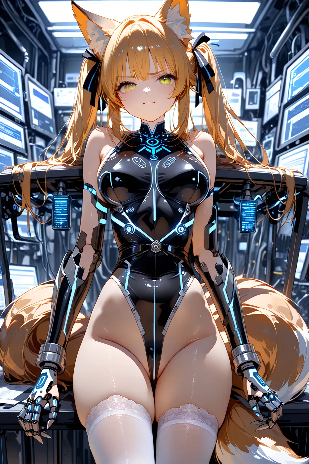 masterpiece, best quality, very aesthetic, absurdres, Epic,movie light,,,shimohira_reika(gantz), 1girl, gantz_suit, black_bodysuit, blue_eyes, bodysuit, bracelet, breasts, brown_hair, covered_navel, highleg, jewelry, large_breasts, lights, long_hair, thighhighs_over_bodysuit,,on stage