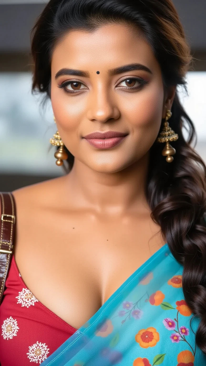 dgdressed, high resolution photo of a woman, with blue eyes, in a sari