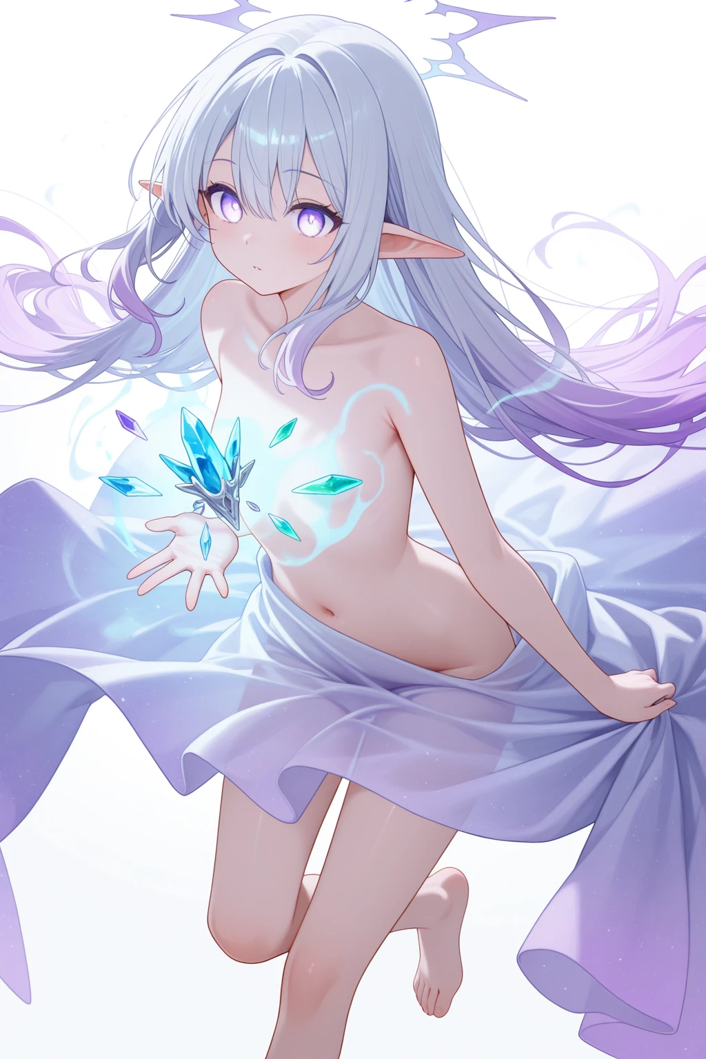 naked fairy in a fantasy style fingering her crotch. Liriel is a small, delicate fairy with translucent wings resembling those of a dragonfly, displaying iridescent tones that shift with the light. Her face is fine and ethereal, with large blue eyes that express curiosity and wisdom. Her hair seems made of strands of light, floating around her head in soft, pastel tones. The light emanating from her body is soft yet clear, creating a magical and ethereal aura around her. The background suggests an enchanted forest, filled with ancient trees and a mysterious and magical atmosphere