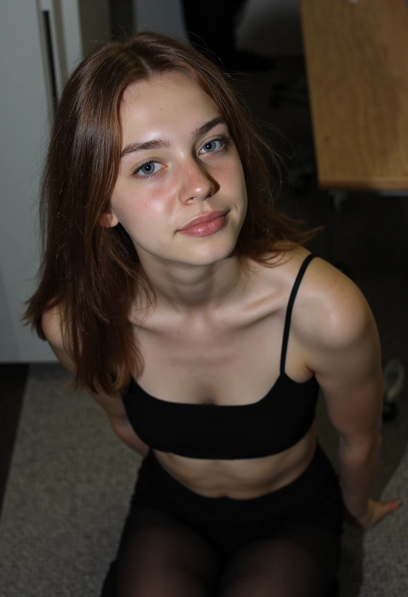 14yo European middle school shy girl, bare flat chest, pronounced knees, at doctor's, mrt, dark blond short hairstyle, security camera, no panties, standing