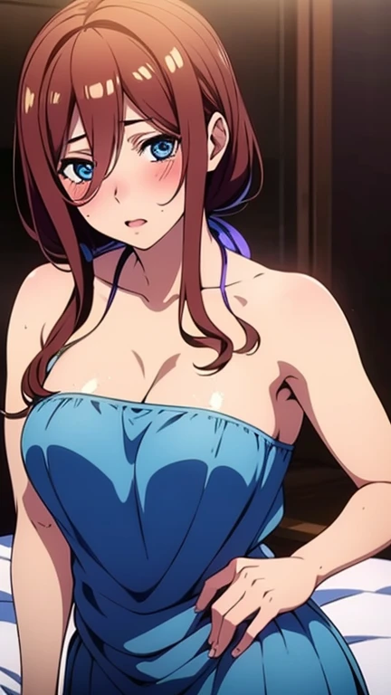 BREAK indoors,street,night,wet road,festival,fireforks, BREAK looking at viewer, BREAK (masterpiece:1.2), best quality, high resolution, unity 8k wallpaper, (illustration:0.8), (beautiful detailed eyes:1.6), extremely detailed face, perfect lighting, extremely detailed CG, (perfect hands, perfect anatomy),Miku Nakano, Miku Nakano Chick III, Long Hair, Bangs, Blue Eyes, Brown hair, Hair between the eyes,medium Breasts,japanese clothes,kimono,wet kimano, yukata,cleavege,neckline,black choker, naked shoulders, upper body shot,from below,bend over,nipples,