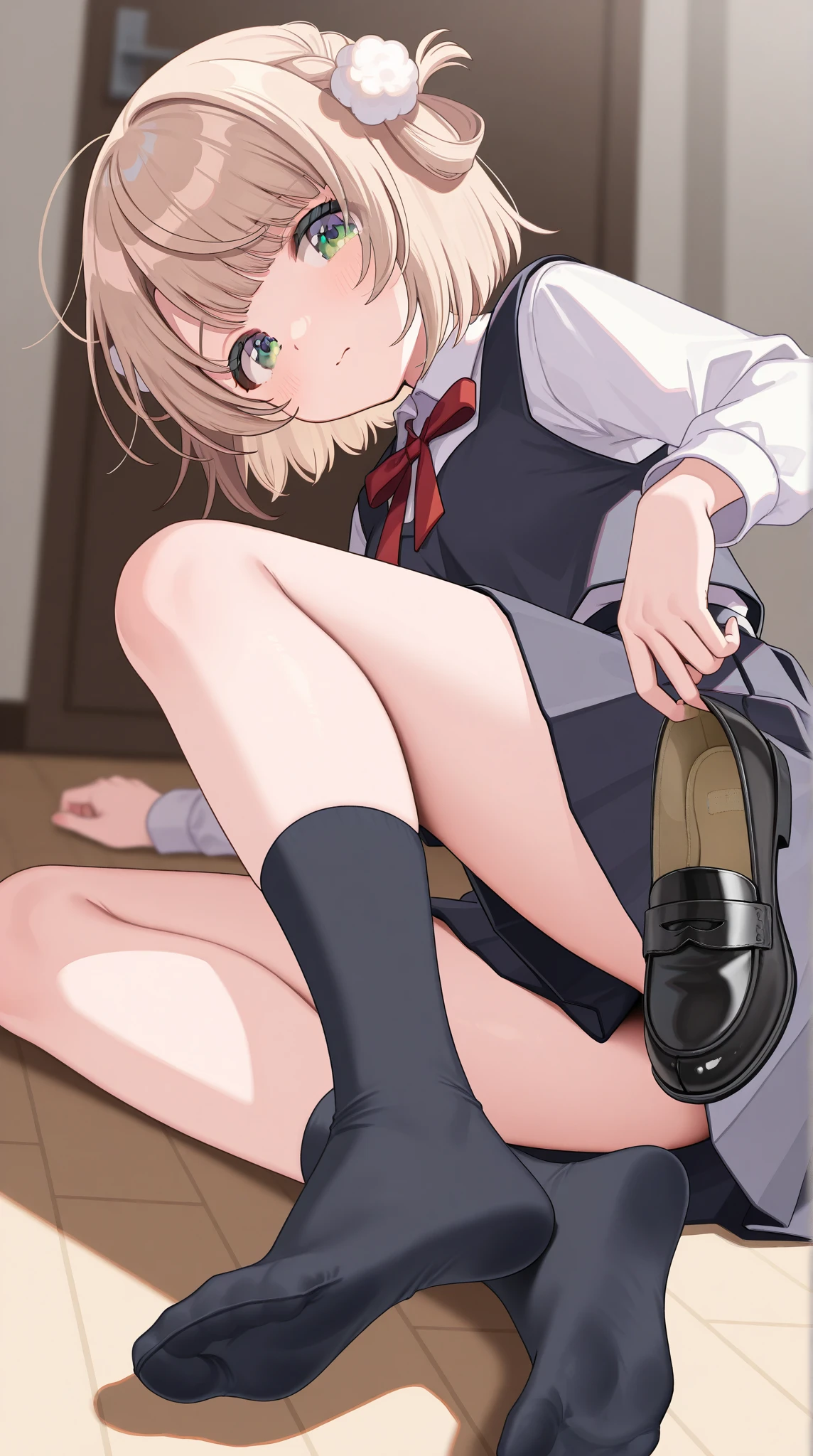 highest quality, masterpiece, detailed, nsfw, 1 girl, (((vagina))),((flat breast)), sitting, 2 legs up high, nipples, from above, bare foot, garden, Sofa, ((spread legs)), pussy juice, knees away, hold knee, pinch own nipples, put the soles of the feet forward, choker, anklet, earring, bracelet, Ribbon, garter straps, garter belt, school uniforms, nishikigi chisato, bob cut, hair ribbon, lycoris uniform, two-tone dress, red dress, grey dress, neck ribbon, long sleeves, shining smile, dildo, 