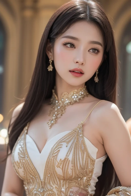 Create a masterpiece image of an exceptionally beautiful Asian girl with an angelic and innocent face. She should be adorned with radiant, intricate jewelry that catches the light, including gemstone earrings, a sparkling necklace, and delicate bracelets. Her attire should be mystical and captivating, made from rich fabrics such as silk and satin, with flowing designs and intricate patterns like classic floral motifs or mystical symbols.

She could be wearing a long dress with light, ethereal layers in enchanting colors like emerald green, twilight purple, or wine red, with meticulously embroidered details in gold or silver thread. Her hair could be long and silky, styled naturally or elegantly pinned up with delicate hair accessories like gold pins or fresh flowers.

The background should be an enchanting setting, perhaps a magical forest with shimmering light filtering through the leaves, or an ancient palace with intricate architecture and flickering candlelight. The lighting in the image should be professionally arranged, with soft rays gently illuminating her body and face, creating a shimmering and magical effect. Her posture and expression should convey a graceful elegance and an otherworldly charm, as if she is a goddess or a character stepping out of legend.