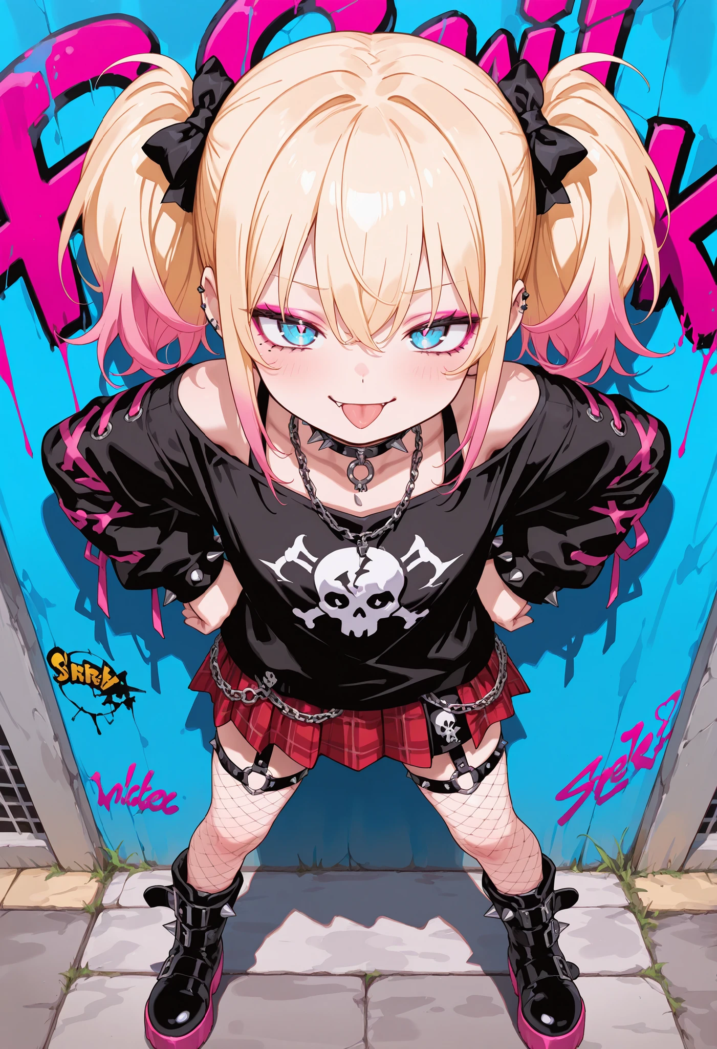 (masterpiece:1.3), 8K, best quality, ultra high resolution, (1 mesugaki girl), An anime girl with a mischievous expression and tongue out, standing in front of a grungy, graffiti-covered wall, She has short blonde hair with turquoise blue tips, bright neon blue eyes with detailed reflections, and wearing black eyeliner and pink eyeshadow, She wears a black crop top with white skull print, a short red plaid skirt, fishnet stockings, and black boots, She also has layered punk necklaces with spikes and chains, and a spiked choker, The background is filled with colorful graffiti in pink, yellow, blue, and white, creating a rebellious, edgy atmosphere, High detail, vibrant colors, ultra-detailed anime illustration, dynamic perspective from above, mesugaki, teasing smile, smug expression, confident pose, from front, (print panties:1.3),
